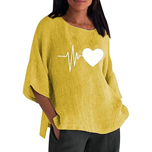 Women's Floral Printed Linen Tunic Top - 3/4 Sleeve Crew Neck Loose Blouse for Summer (Yellow, Medium) | Casual Comfort Wear for Beach, Office & Everyday Outfits