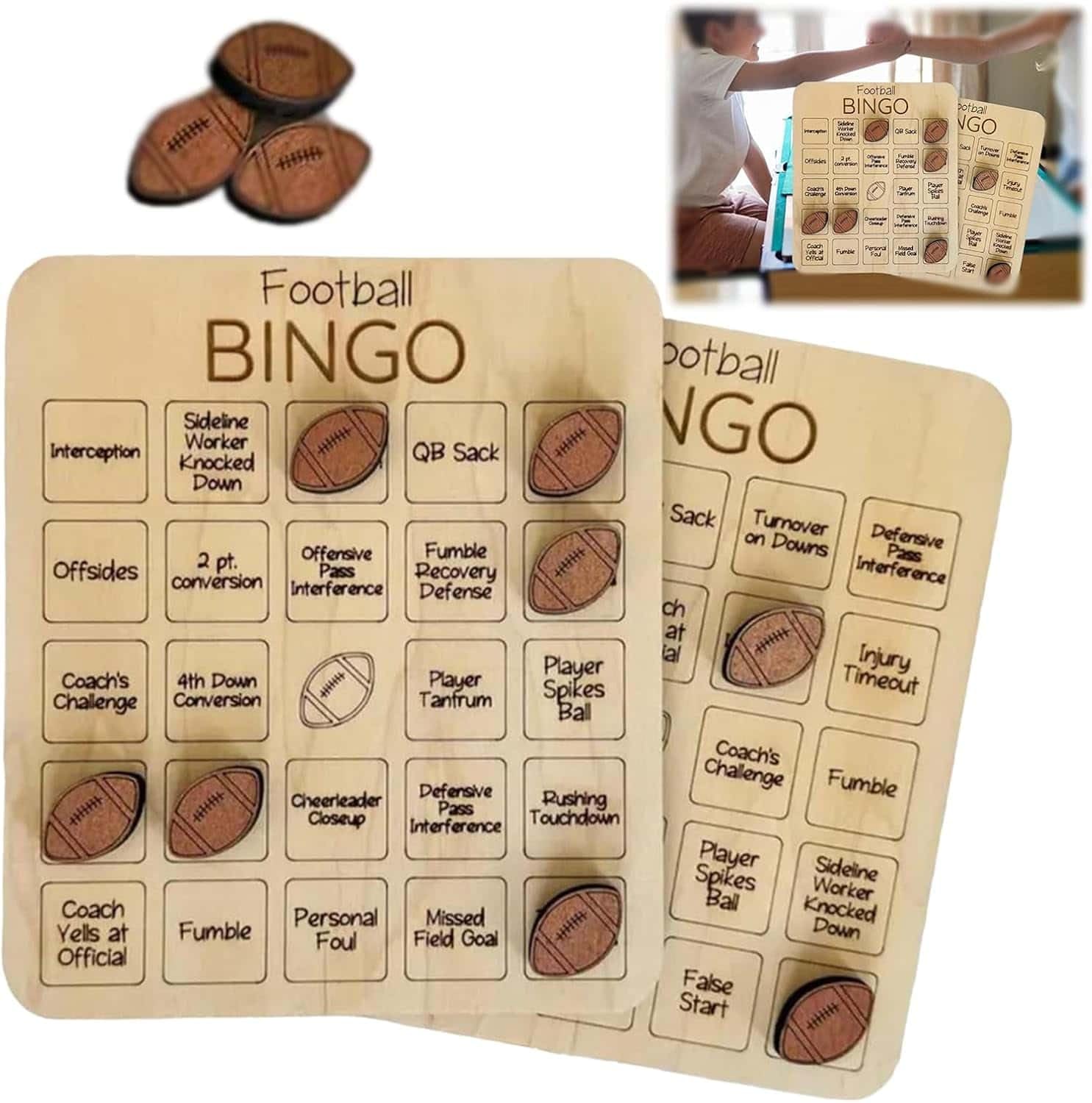 Wooden Football Bingo Game Set - 2 Pack Sports Themed Party Games for Adults & Family, Fun Football Party Supplies with Bingo Cards - Perfect for Game Nights, Tailgating & Sports Themed Events