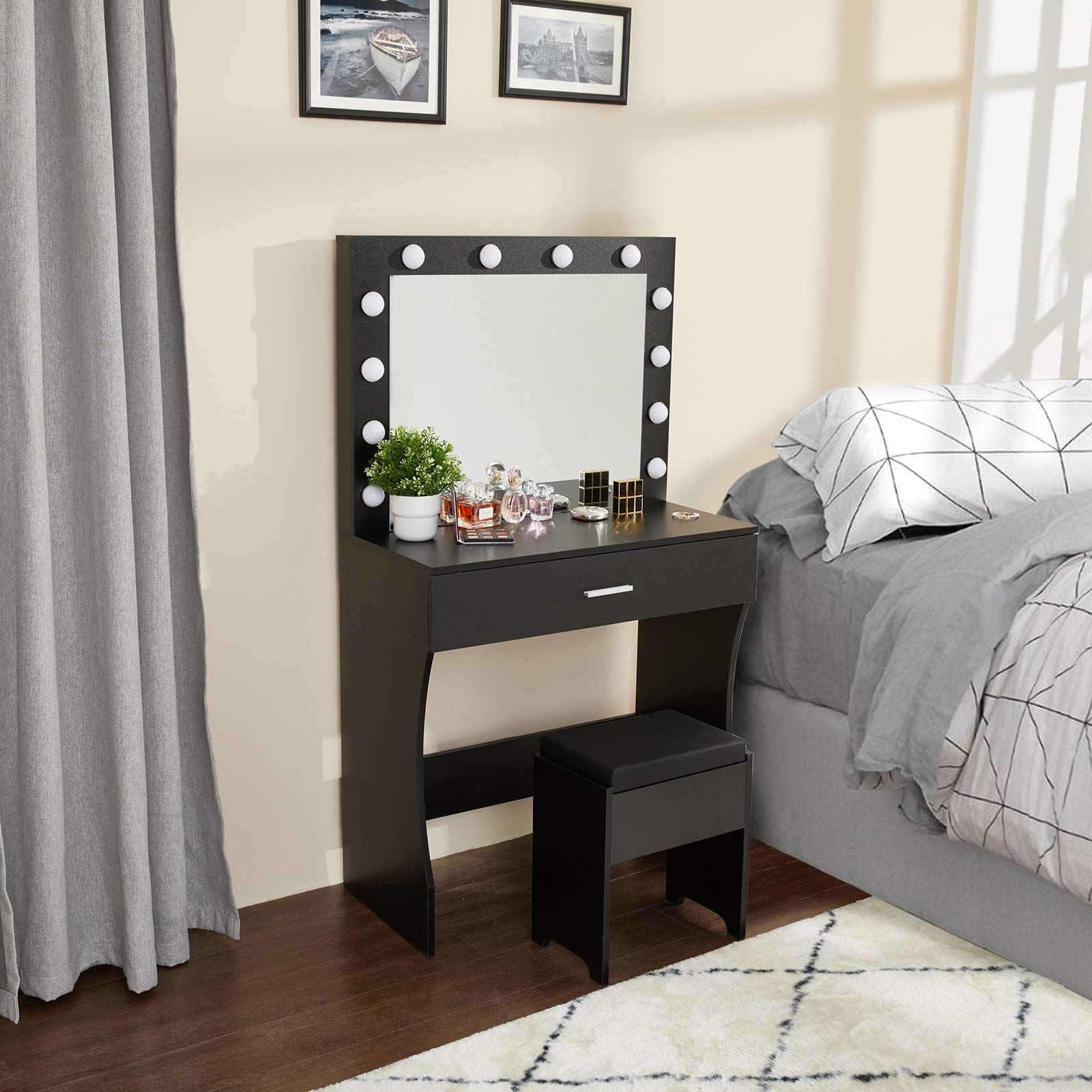 Lighted Vanity Table Set with Mirror for Women & Girls - Makeup Vanity Desk with Large Drawers, Cushioned Stool & Extra Storage | Perfect for Bedroom, Dressing Room & Beauty Salon