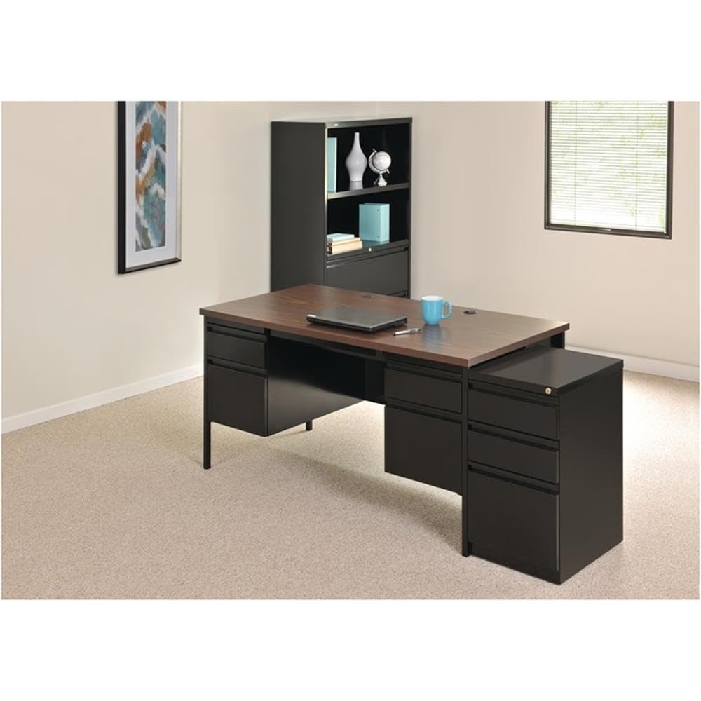 Pemberly Row Double Pedestal Metal Office Desk with Center Drawer - Black/Walnut Finish - Modern Home Office & Workspace Desk for Professionals & Students