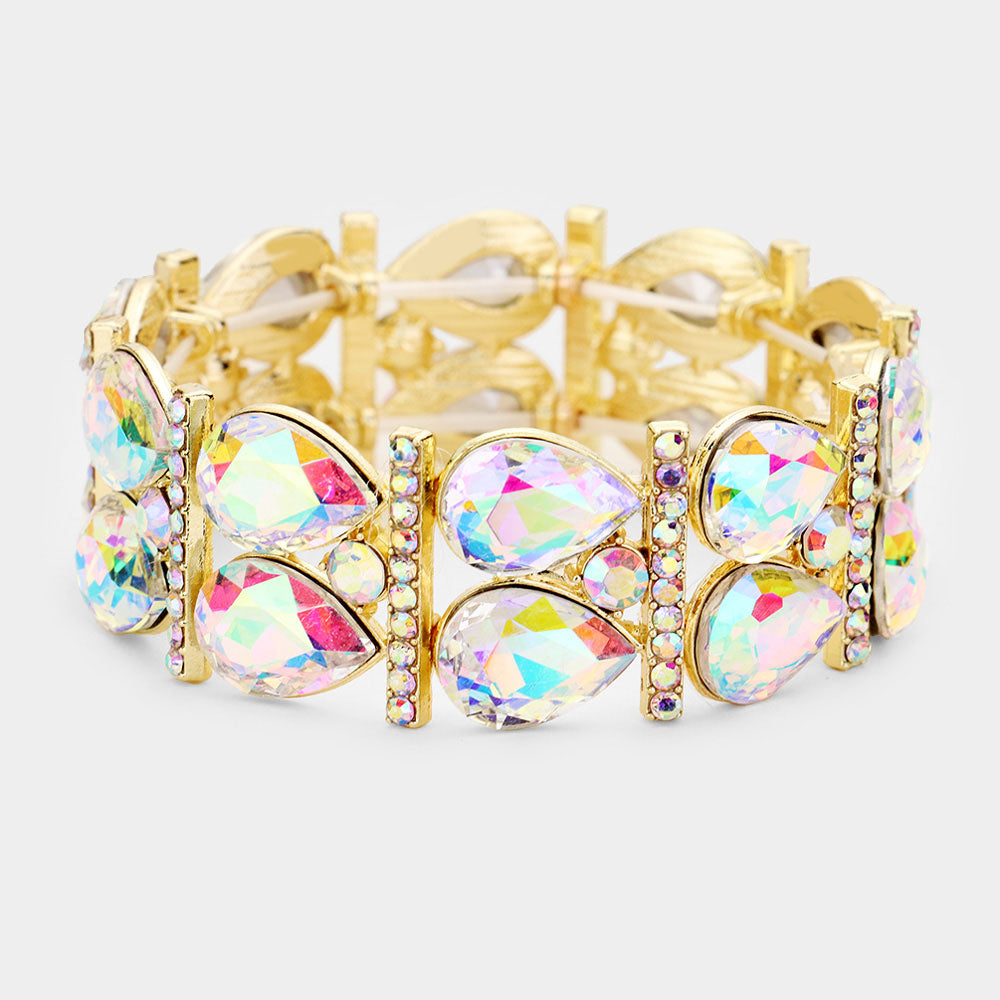 AB Crystal Teardrop Stretch Pageant Bracelet - Elegant Gold Beaded Jewelry for Women | Perfect for Prom, Wedding, Pageant & Special Occasions