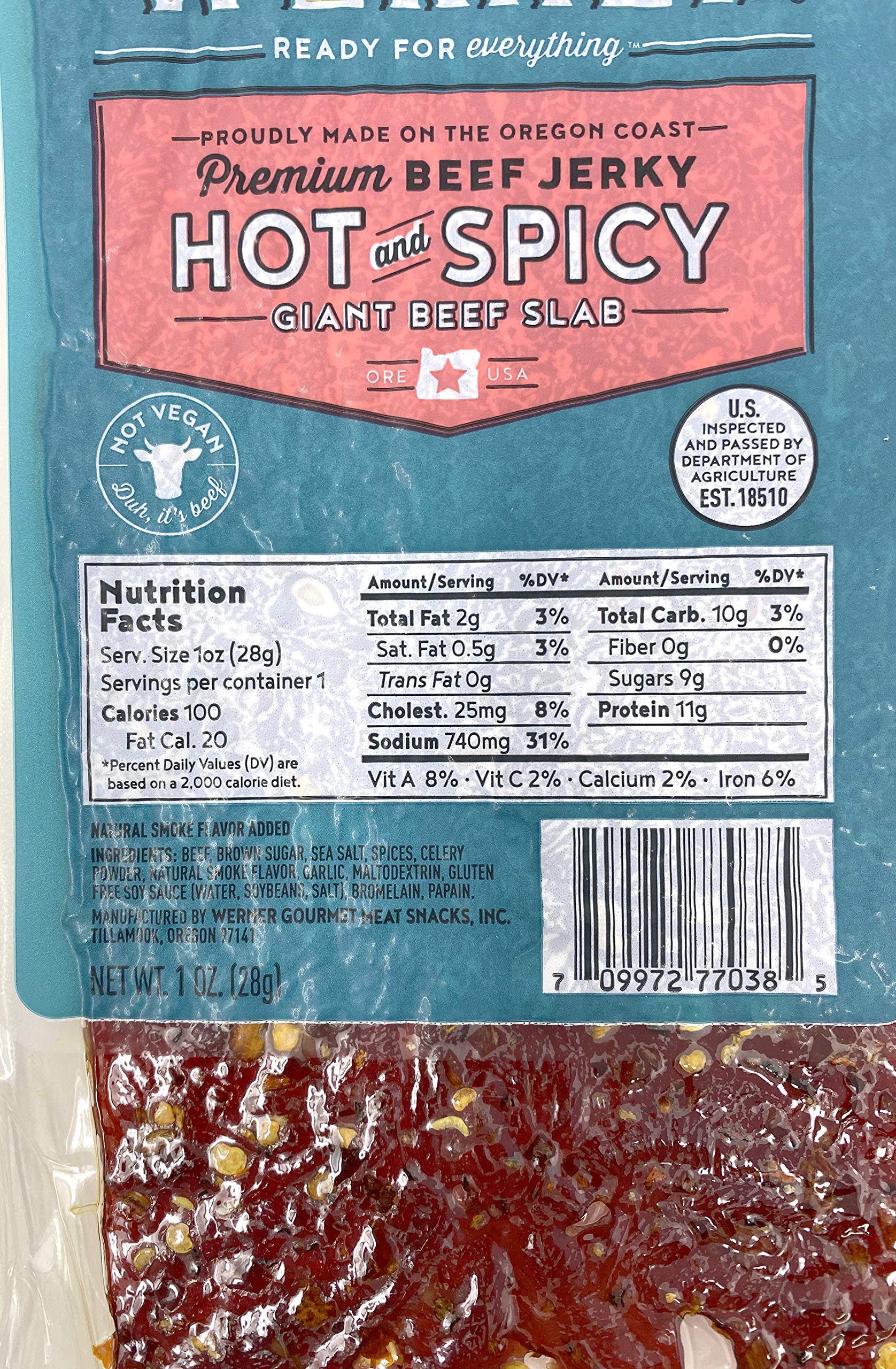 Werner Hot & Spicy Beef Jerky Slab - 15 Pack (1 Ounce Each) | Individually Wrapped Meat Snacks for Hiking, Camping & Road Trips | High Protein Low Carb Keto Snack