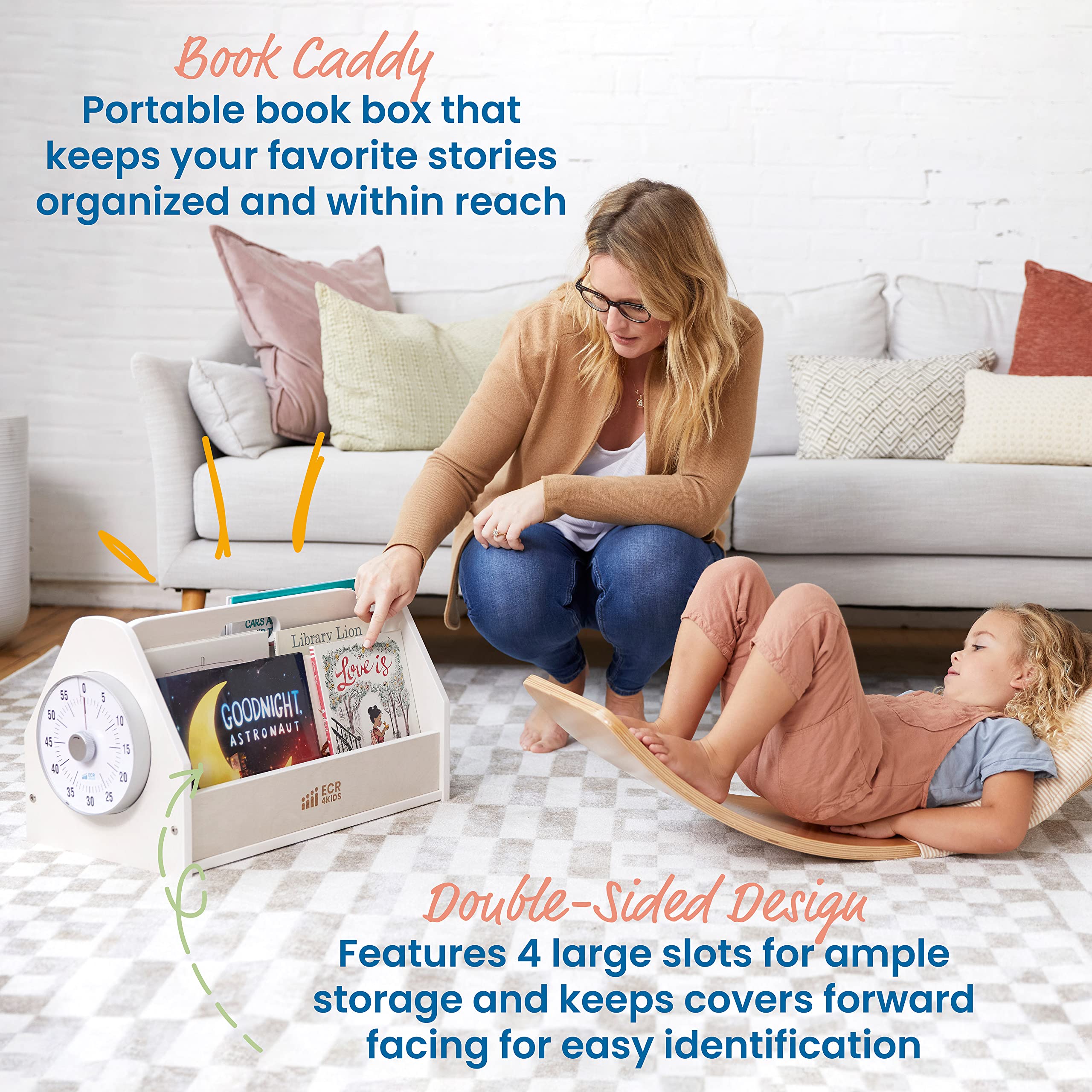 ECR4Kids Double-Sided Book Caddy with Timer - Portable Bookshelf Organizer for Classroom & Home - White Wash Finish - Ideal for Reading Corners, Daycare Centers & Homeschooling