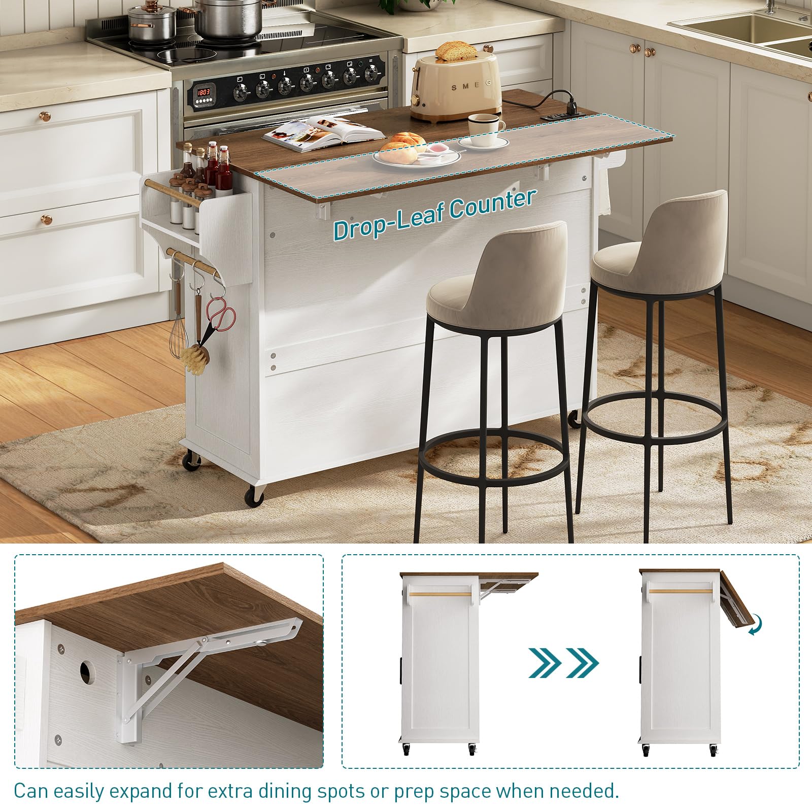 White & Walnut Kitchen Island Cart with Drop Leaf, 3 Drawers, Towel Rack & Spice Rack - Mobile Kitchen Storage Table with USB Charging Station for Small Spaces - Perfect for Meal Prep, Entertaining & Extra Counter Space