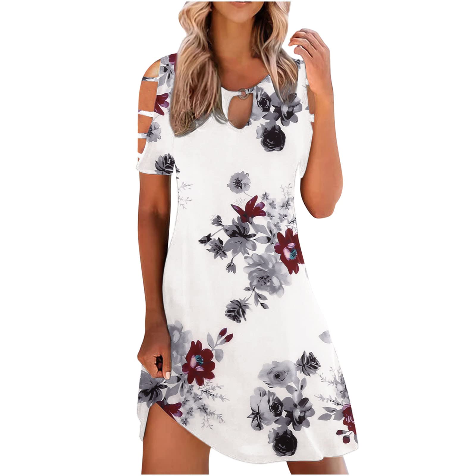 Kanzd Women's Summer Dresses - White Round Neck Midi Dress for Wedding Guest, Casual Wear & Beach Outfit | Flowy T-Shirt Dress for Women