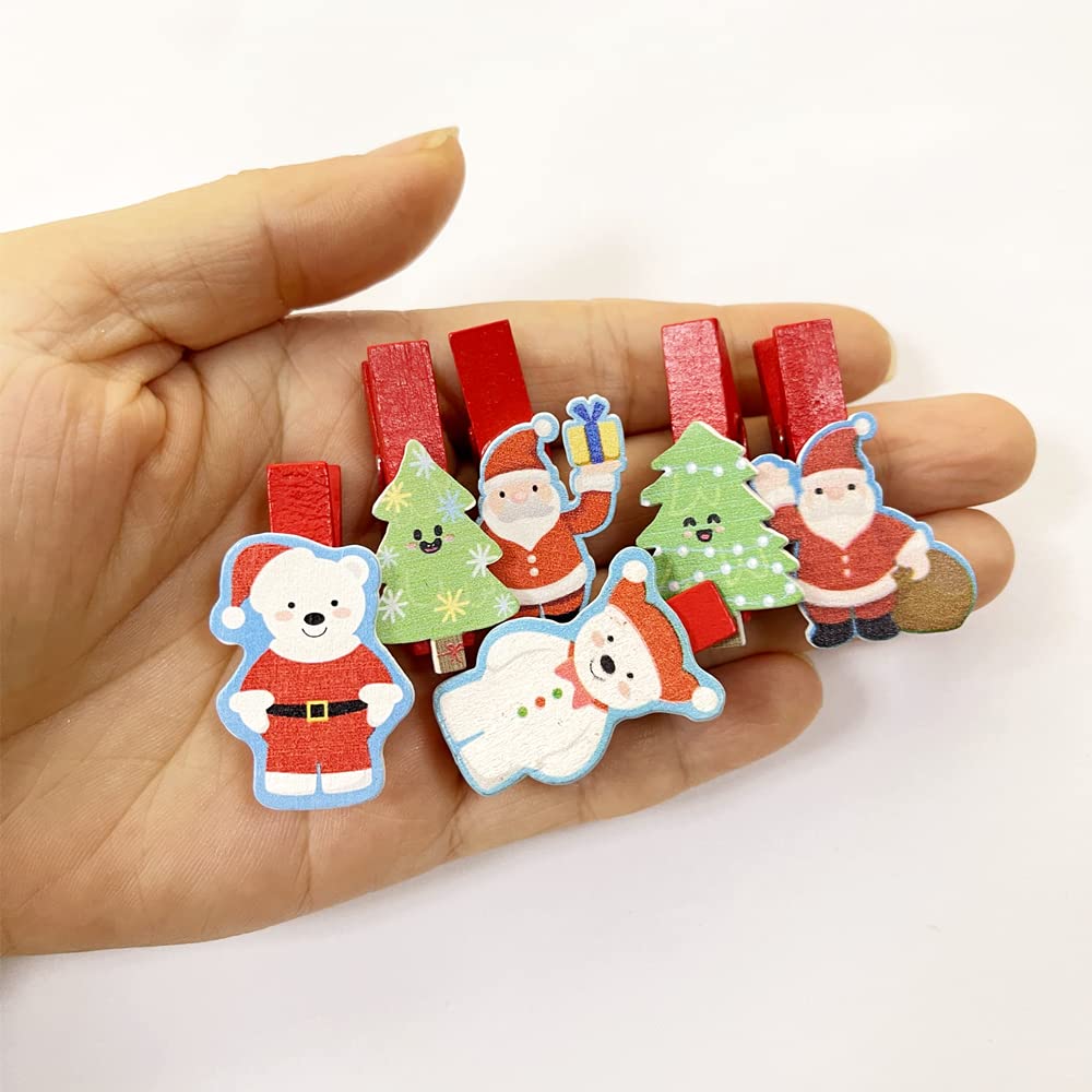 40 Pcs Mini Wooden Clothes Pins for Hanging Photos, Christmas Cards & Stockings - Decorative Clips with Twine for Home, Party & DIY Crafts - Perfect for Holiday Decor, Photo Displays & Gift Wrapping