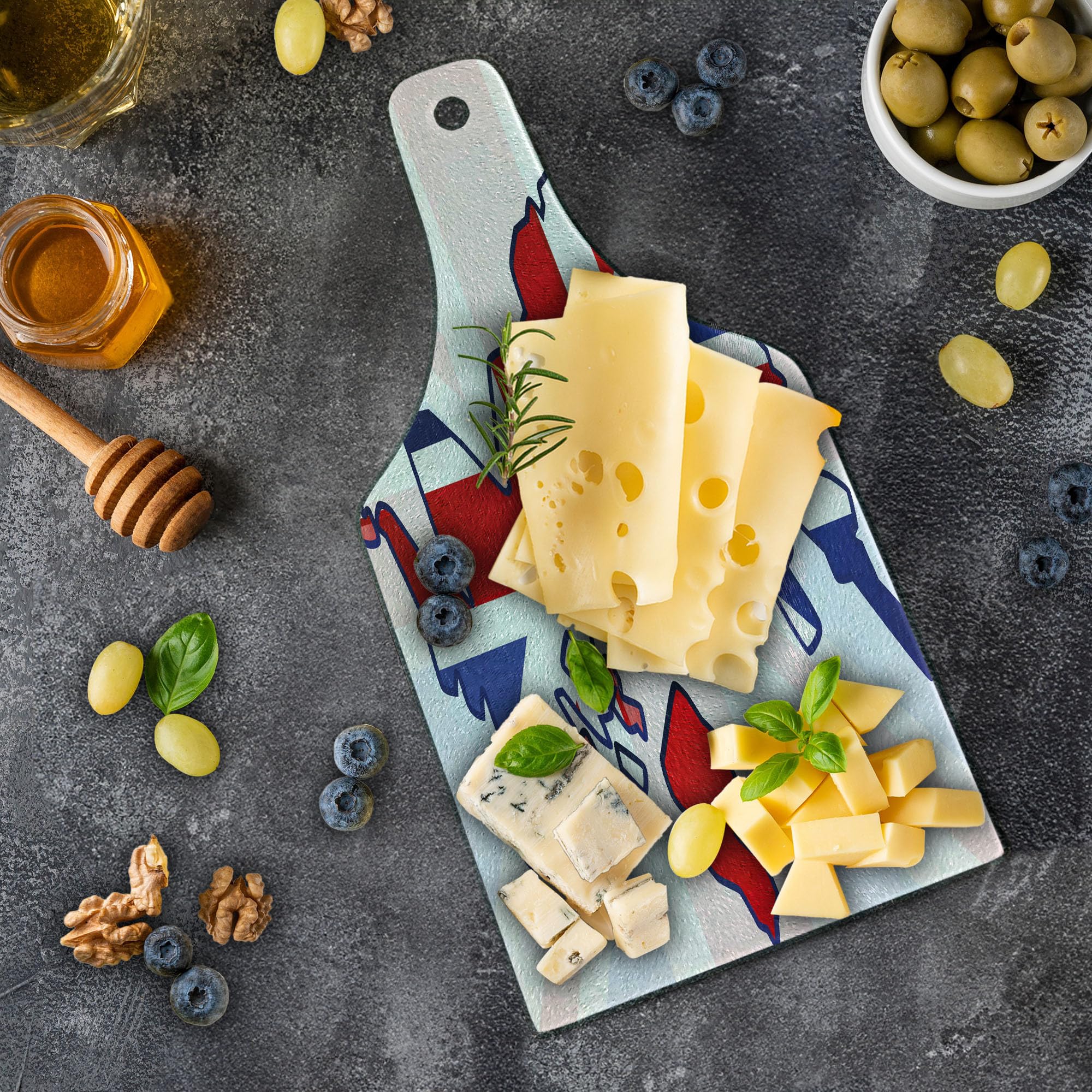 Ambesonne Union Jack Cutting Board - Faded UK Flag & Country Map Design - Tempered Glass Serving Board for Kitchen & Dining - Wine Bottle Shape in Violet, Blue, Red & White - Perfect for Entertaining, Charcuterie & Cheese Platters