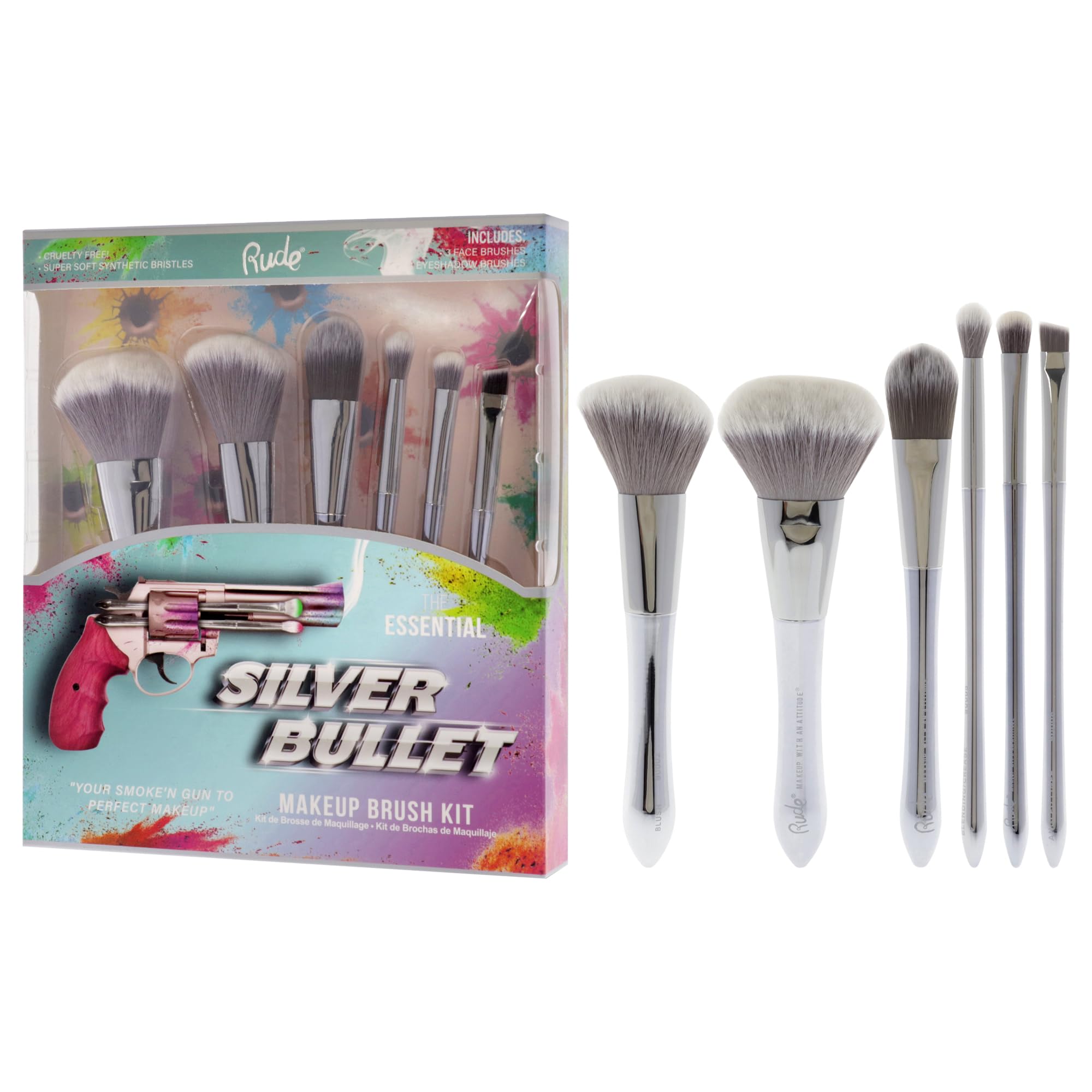 Rude Cosmetics Silver Bullet Makeup Brush Set - 6 Piece Professional Gun-Themed Brush Kit (Beretta Powder, Glock Blush, Remington Foundation, Shotgun, Browning Angled) for Women | Perfect for Everyday Makeup, Travel & Professional Makeup Artists