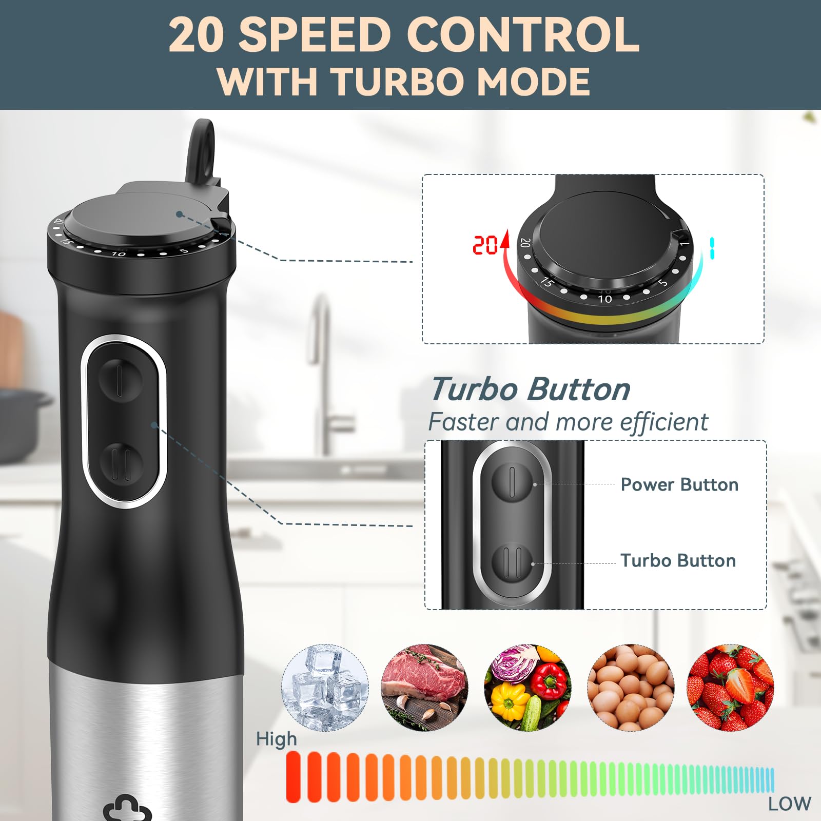 LINKChef 800W 7-in-1 Immersion Blender Handheld - 2 Titanium Steel Blades, 20 Speed & Turbo Mode, Includes Whisk, Milk Frother, Food Processor & Beaker - Perfect for Smoothies, Soups, Sauces & Baking at Home