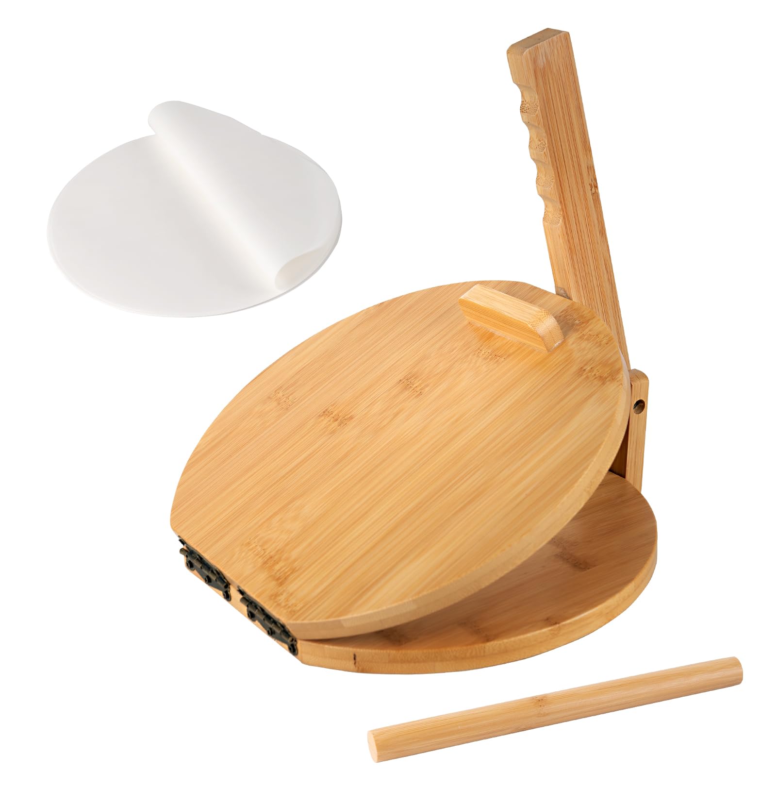 10 Inch Wooden Tortilla Press with Rolling Pin & 50 Pcs Parchment Paper - Authentic Mexican Tortilla Maker for Homemade Tortillas, Roti, Dough - Perfect for Taco Night, Meal Prep & Latin Cooking