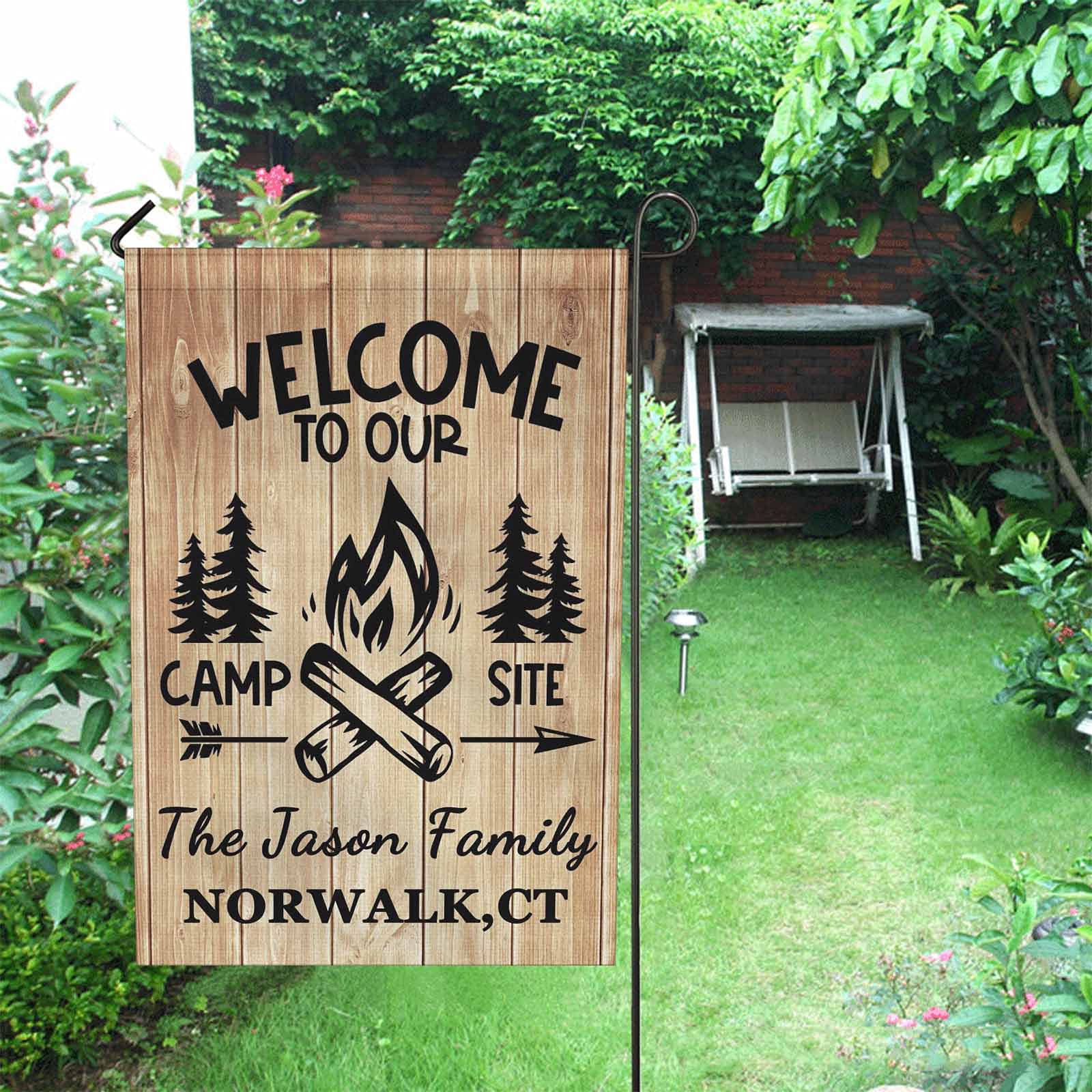 Custom Personalized Camping Camper Garden Flag - Double Sided 12x18 Inch Wood Welcome Yard Banner for Outdoor Decor | Perfect for RV Sites, Backyard Decorations & Seasonal Home Displays