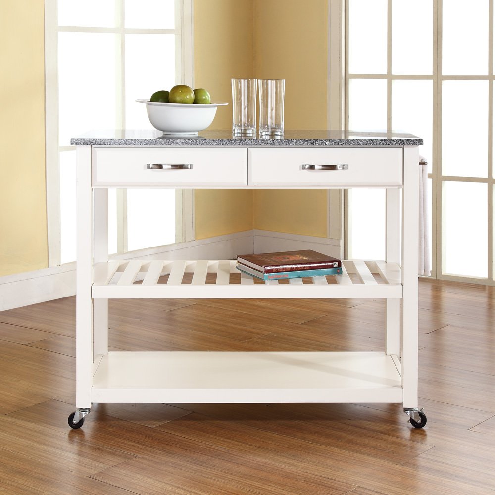 Crosley White Granite Top Kitchen Prep Rolling Cart - Microwave Stand, Coffee Bar with Shelves - Perfect for Small Spaces, Apartments & Dorm Rooms