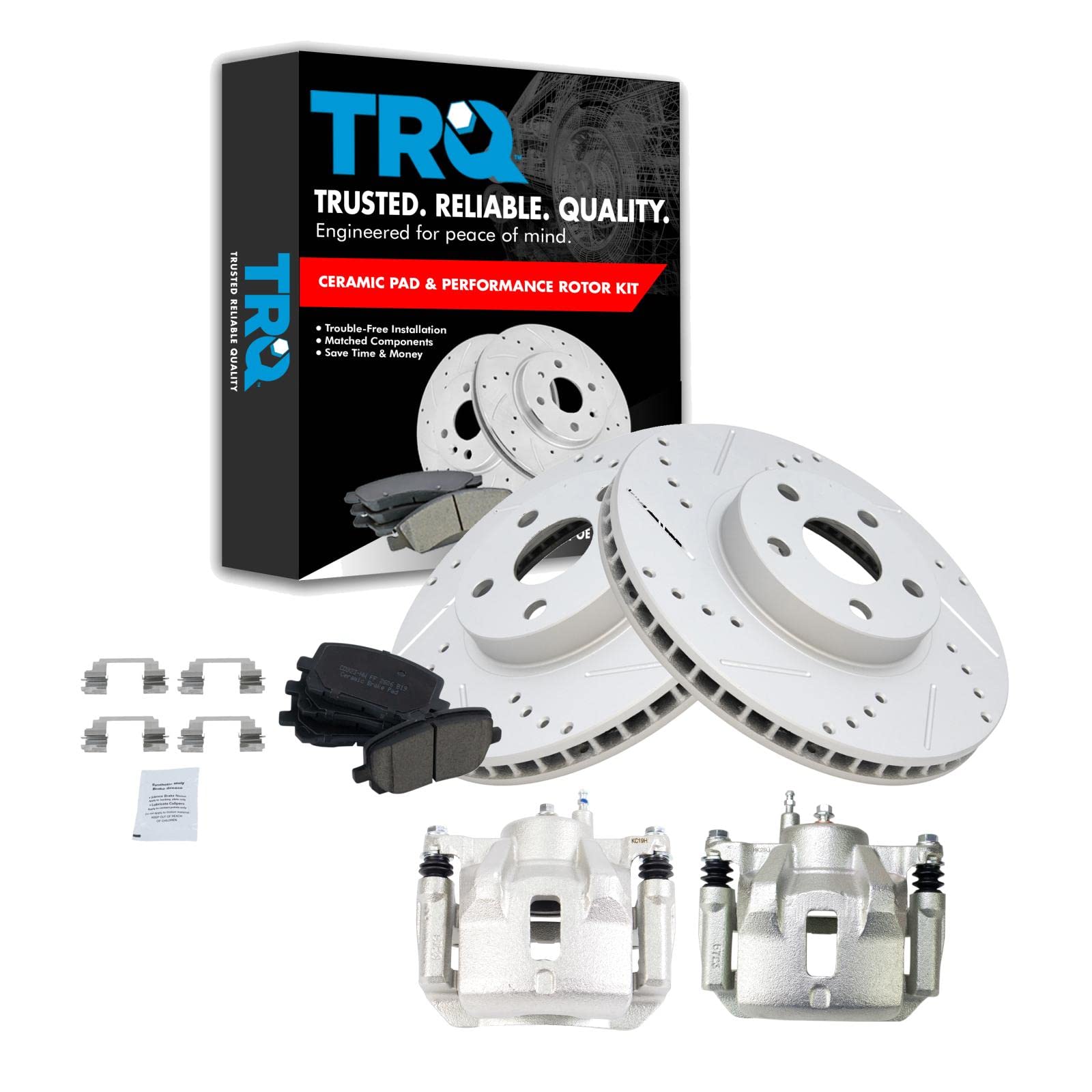 TRQ Front Performance Brake Pad & Rotor Kit - Ceramic Premium G-Coated Brake Caliper Set for 2003-2008 Pontiac Vibe, Toyota Corolla & Matrix | Smooth Stopping Power for City Driving & Highway Commutes