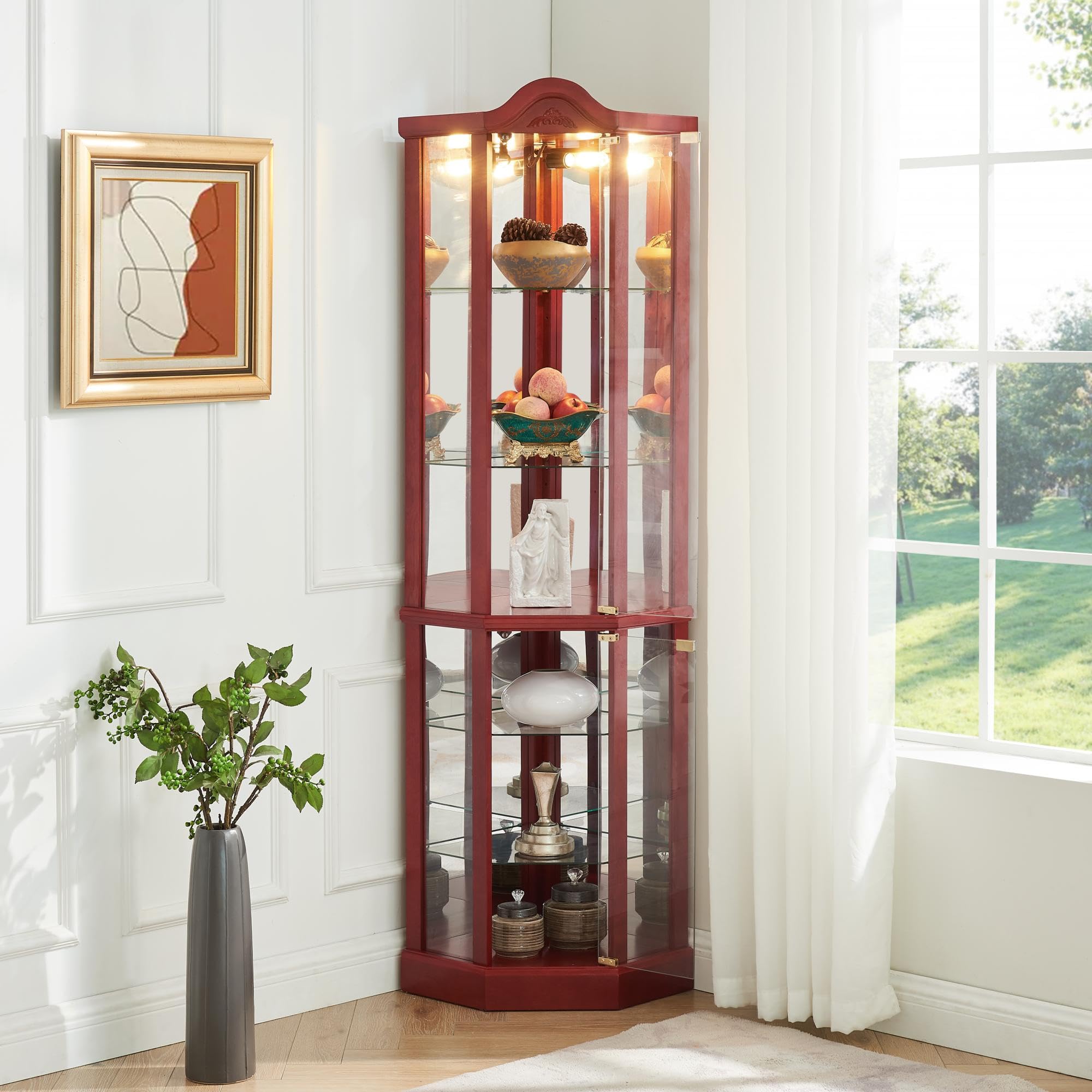 KEIKI Corner Curio Cabinet with LED Lighting - Glass Display Case with Adjustable Shelves, Carved Decor & Mirrored Back - Cherry Finish Glass Door Showcase for Living Room, Dining Room or Bedroom Decor