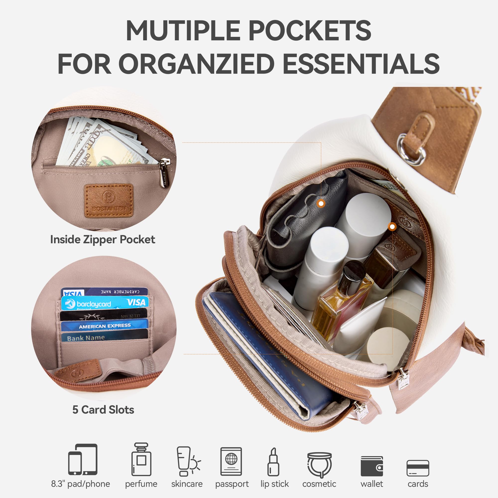BOSTANTEN 7L Women's Vegan Leather Crossbody Sling Bag - Large Travel Purse & Backpack for Essentials | Perfect for Work, Gym, Hiking & Daily Commute