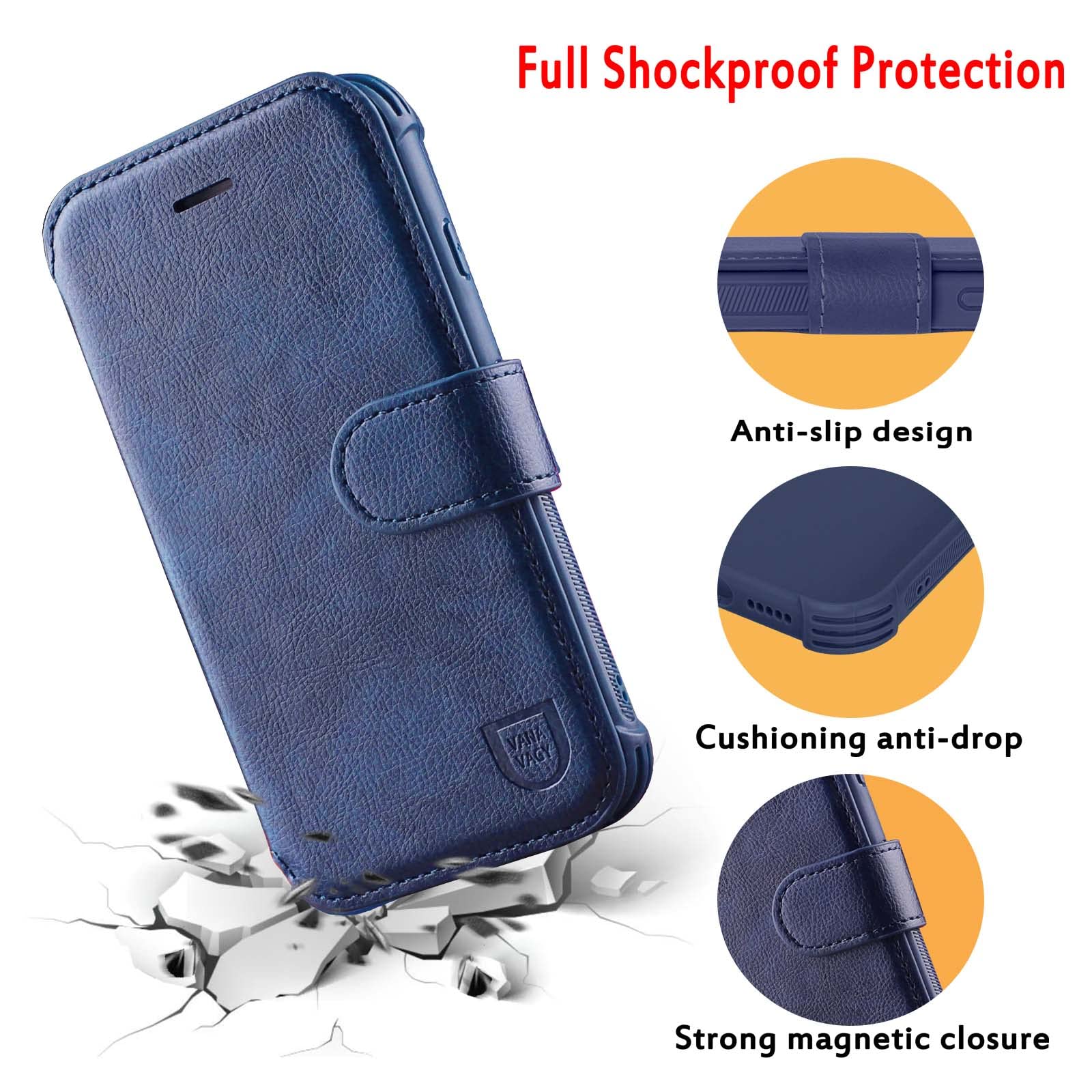 VANAVAGY iPhone 12/12 Pro Wallet Case - RFID Blocking Leather Flip Cover with Wrist Strap, Wireless Charging Compatible, Card Holder & Tempered Glass Screen Protector - Navy Blue - Perfect for Daily Use, Travel & Business Professionals