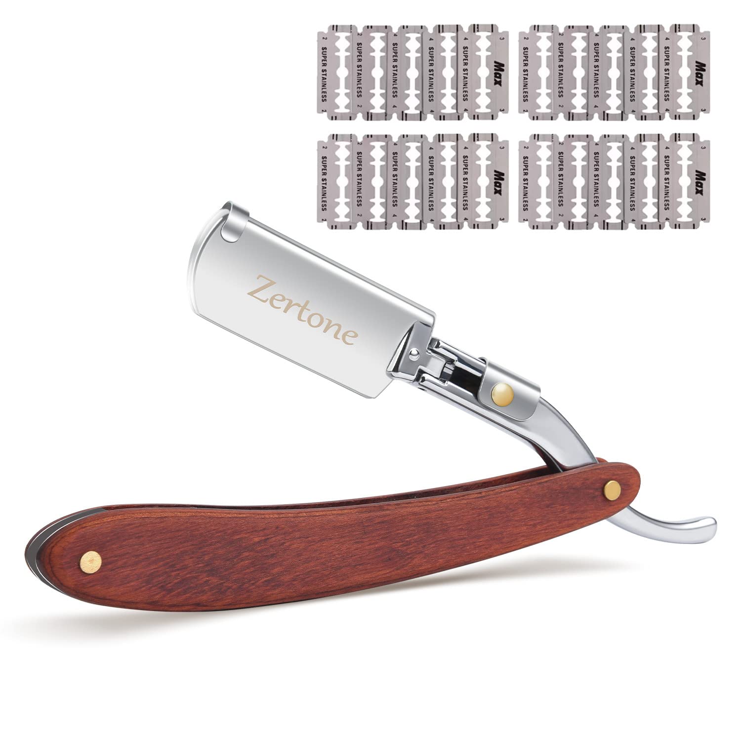 Zertone Professional Straight Razor for Men with Natural Wood Handle & 20 Double Edge Blades - Close Shaving Manual Barber Razor | Perfect for Home Grooming, Beard Shaping & Professional Barber Use (Aluminum)