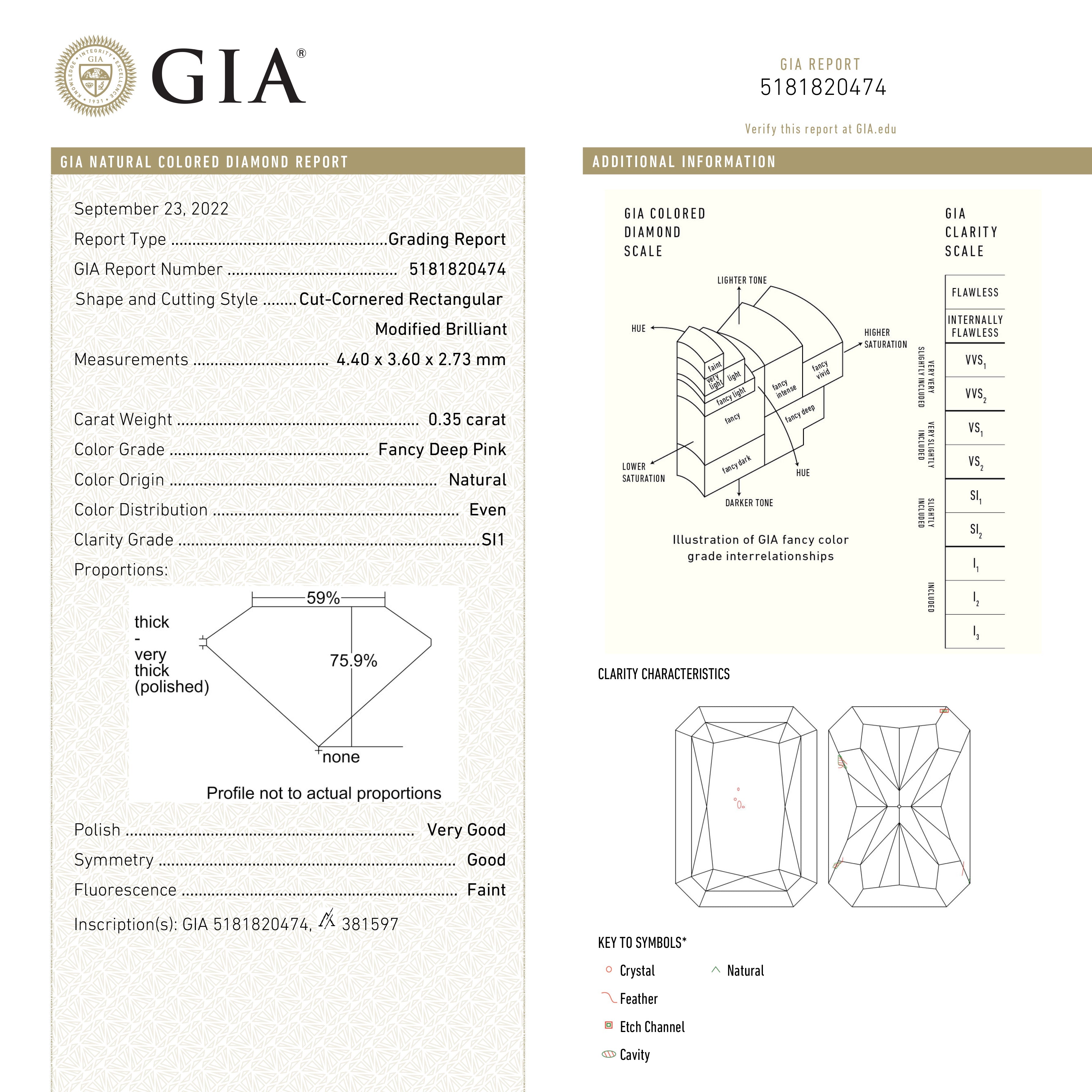 0.35ct GIA Certified Fancy Deep Pink SI1 Diamond - 4.40x3.60x2.73mm Cut Corner Rectangle Brilliant Cut for Engagement Rings & Fine Jewelry