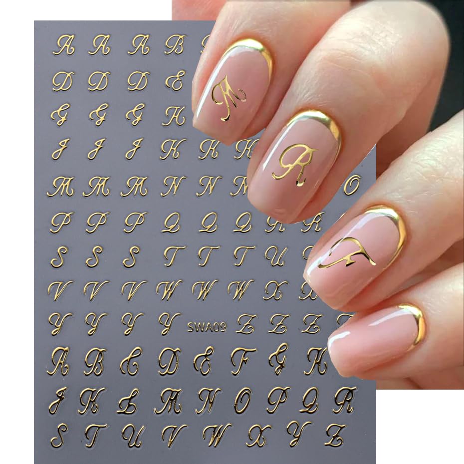 3D Old English Letter Nail Stickers - 8 Sheets Gold Silver Black White Retro Nail Decals for Women & Girls Manicure
