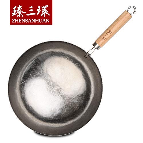 Authentic Chinese Hand-Hammered Iron Wok Pan - 32cm Unseasoned Silver Stir Fry Pan with Wooden Handle - Perfect for Asian Cooking, Stir-Frying, Searing & Home Kitchen Use