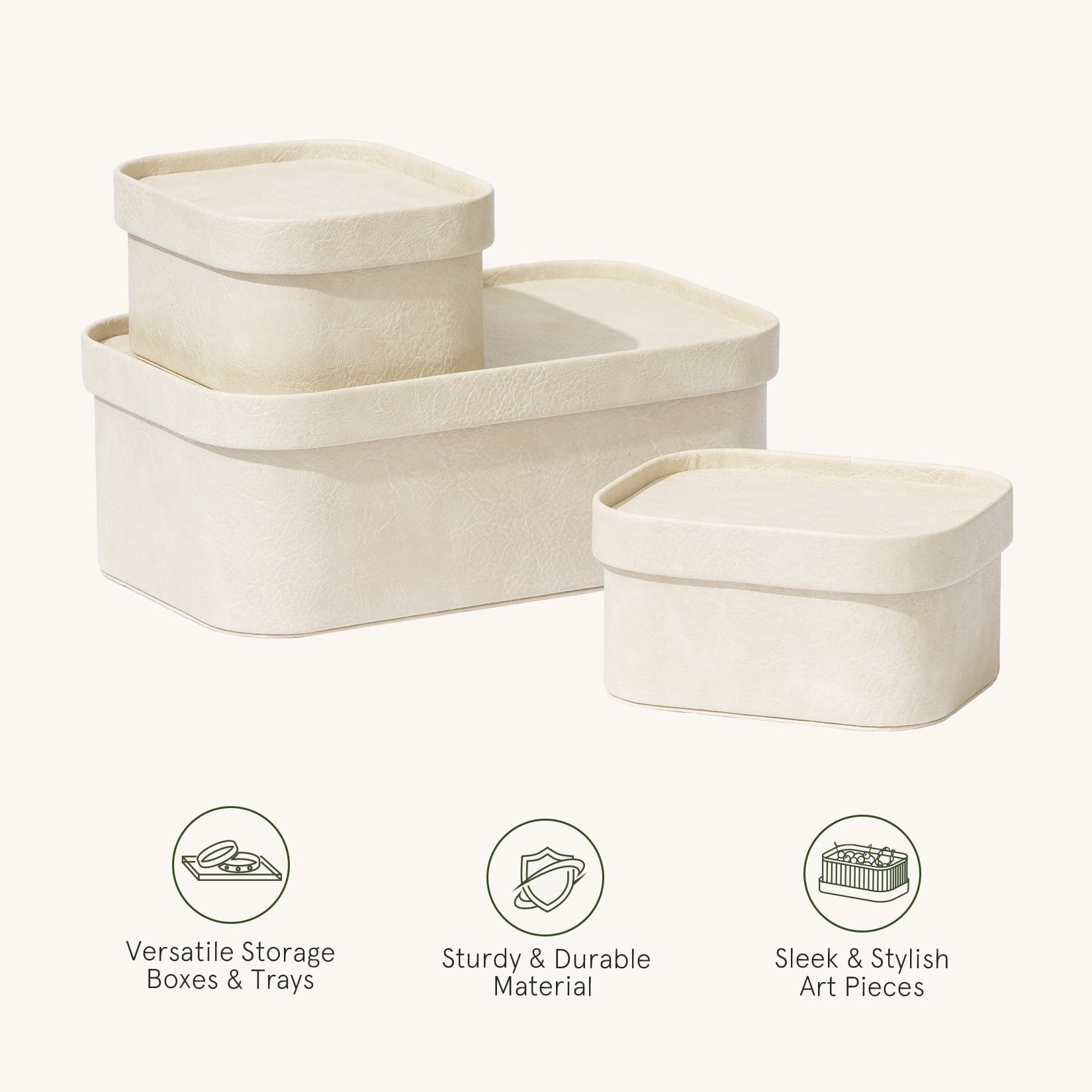 La Jolie Maison 3-Piece Vegan Leather Storage Box Set with Lids - Stackable Decorative Organizer Boxes for Home, Office & Closet - Beige Storage Containers for Jewelry, Makeup & Small Items