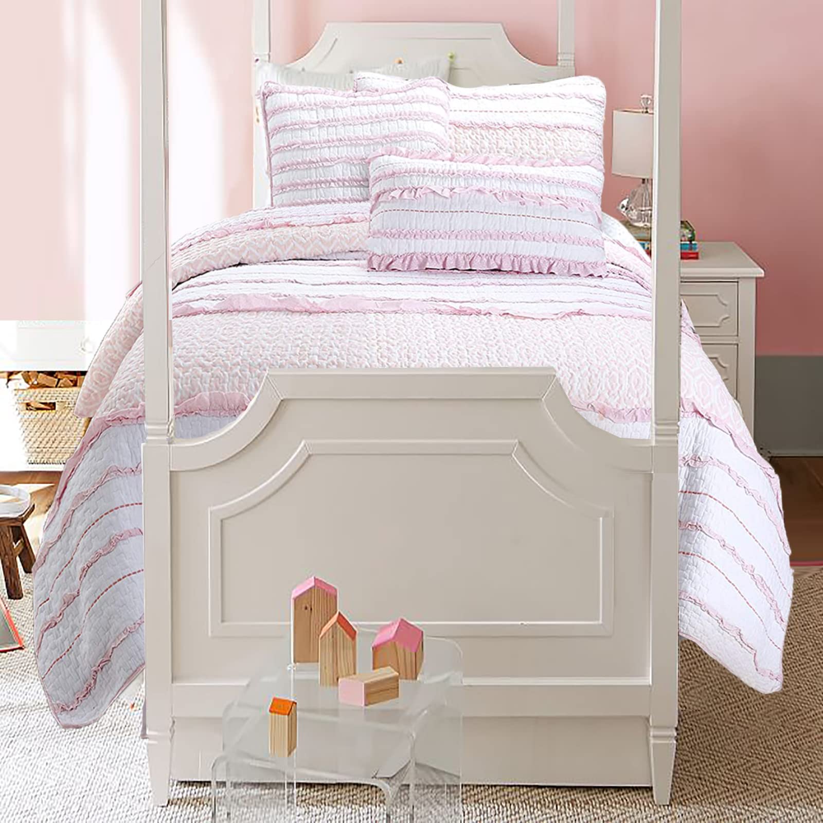 Pink Ruffle Butterfly Reversible 100% Cotton Quilt Bedding Set - Twin Size 4 Piece (1 Quilt + 1 Sham + 2 Pillows) | Soft Cozy Bedspread Coverlet for Girls Room & Teen Bedroom Decor | Perfect for Spring, Summer & Dorm Essentials