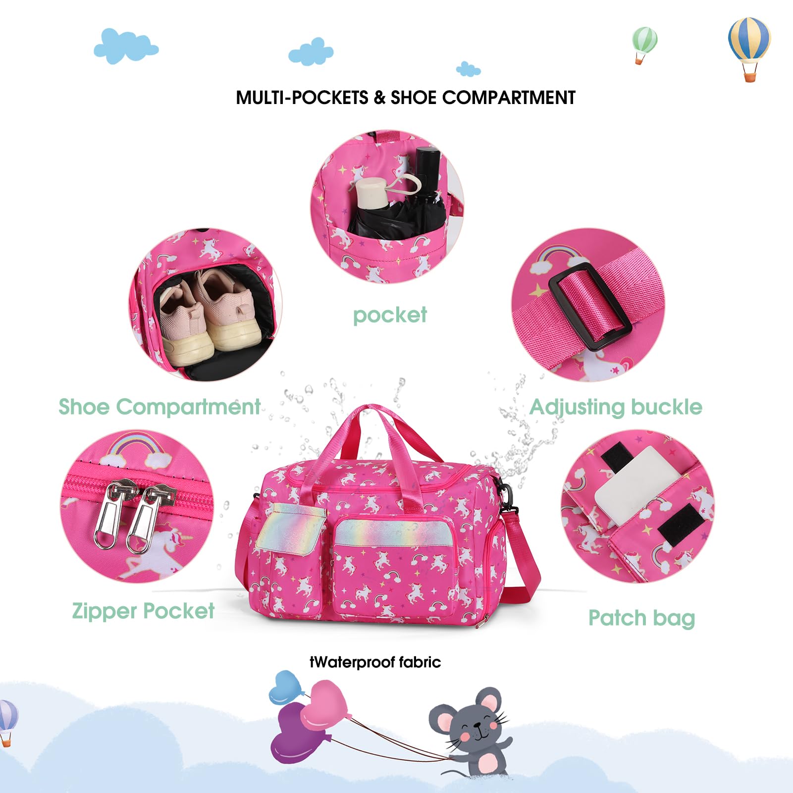 Unicorn Pink Kids Duffle Bag for Girls - Lightweight Travel & Dance Backpack with Separate Shoes Compartment - Perfect for Sleepovers, School Trips & Weekend Getaways