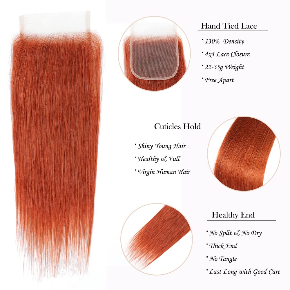 Brazilian Straight Remy Human Hair Bundles with 4x4 Transparent Lace Closure - Burnt Orange #350 (18 20 22 + C18) | Natural Looking Hair Extensions for Daily Wear, Parties & Special Occasions