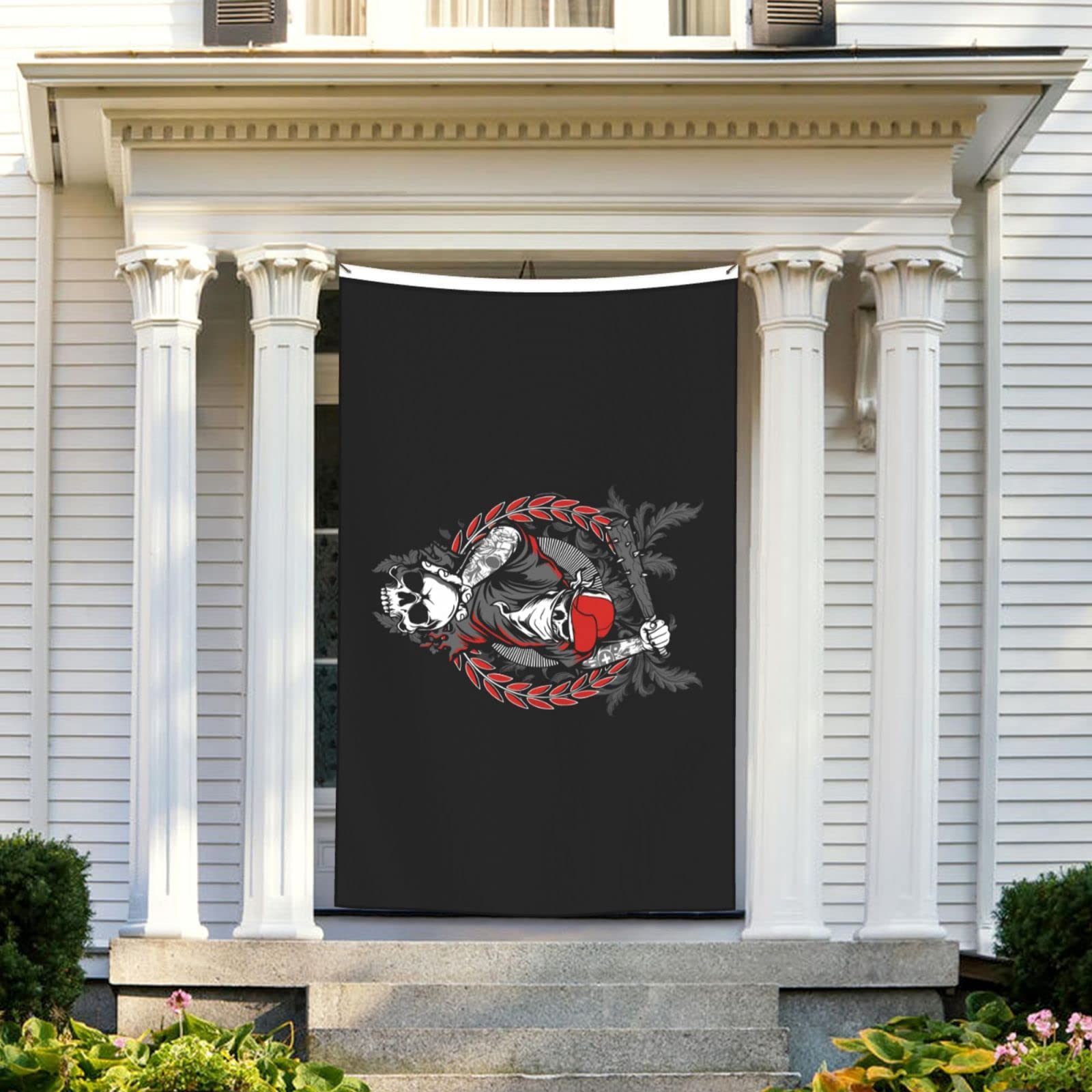 POOEDSO Bandit Skull Flag - 5x8 Ft Double Sided Outdoor Polyester Flag with Funky Hat & Skeleton Hand Holding Crossed Baseball Bats - Lightweight Funny Yard Decoration for Halloween, Man Cave, Tailgating Parties & Home Decor