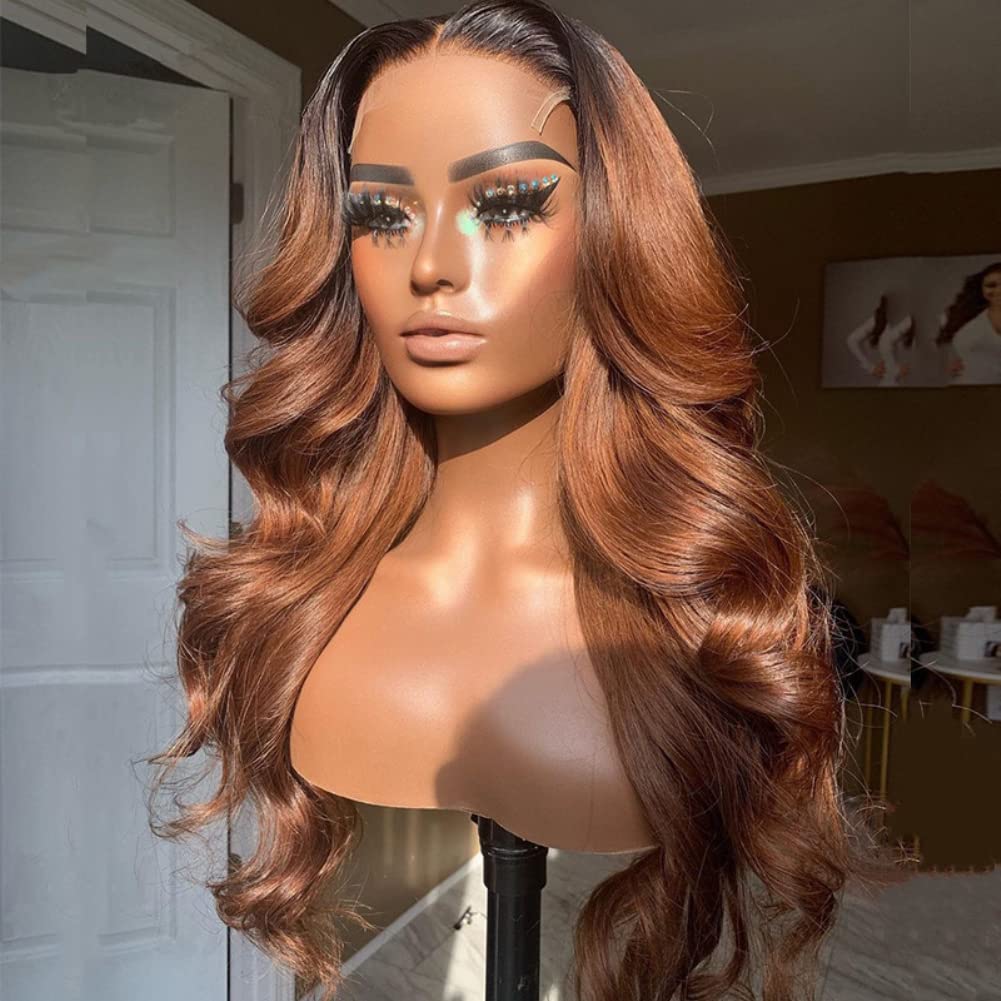Ombre Brown #1bT30 Body Wave 5x5 Silk Top Brazilian Virgin Human Hair Wig with Dark Roots - 26 Inch 180% Density Silk Base Lace Closure Wig for Women | Perfect for Daily Wear, Parties & Special Occasions