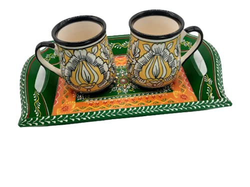 Handmade Wooden Serving Tray with Meenakari Art - Set of 3 for Kitchen, Dining & Home Decor