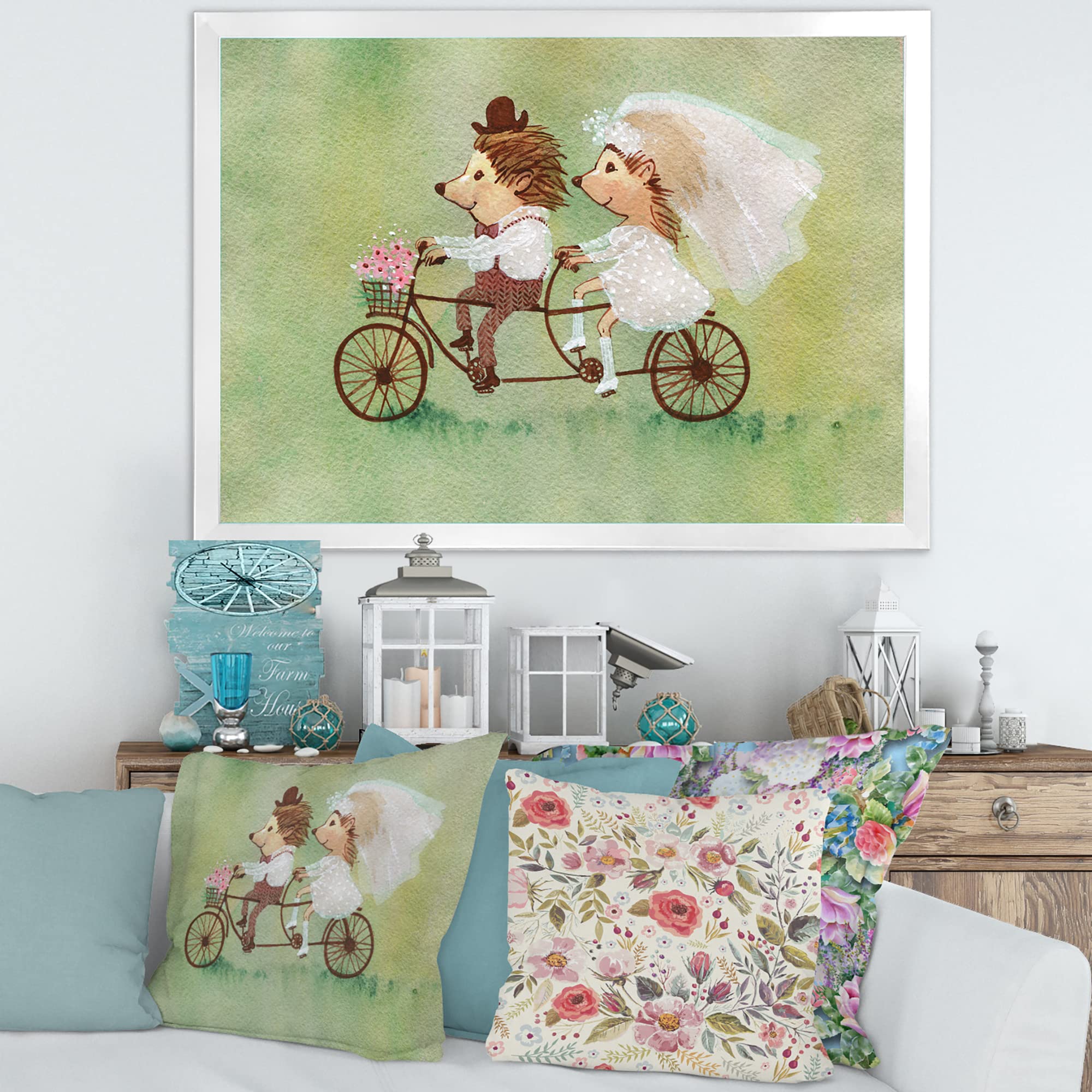 DesignQ Hedgehog Couple Riding Bike - Traditional Framed Wall Art Decor for Living Room, Bedroom & Office