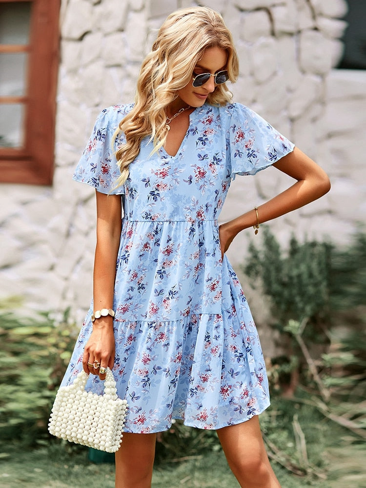 Women's Floral V-Neck Short Sleeve Summer Dress - Perfect for Beach Vacations, Brunch Dates & Casual Outings