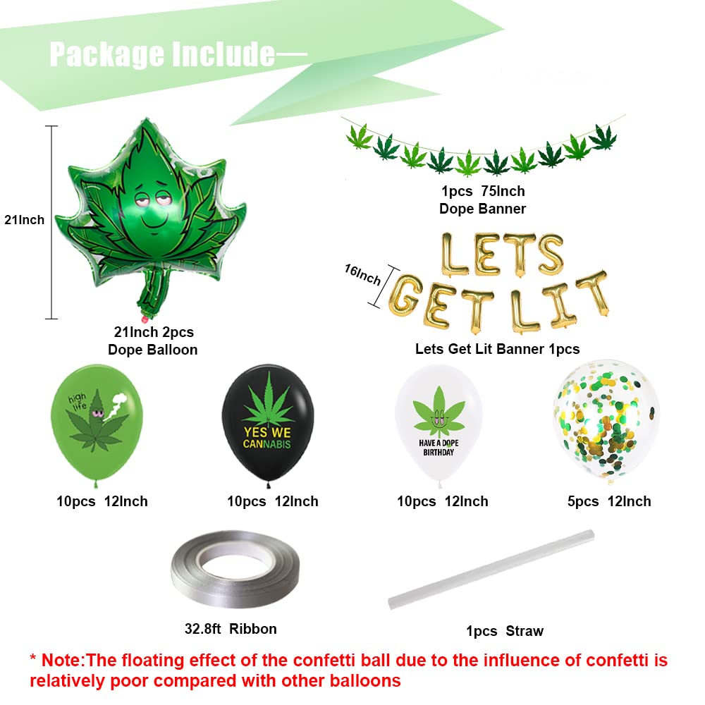 47pcs 'Let's Get Lit' Weed Party Decorations Set - Latex Marijuana Balloons, Weed Shape Foil Balloons, Banner & Green Confetti Balloons for Cannabis Themed Birthday Parties, Bachelorette Parties & 420 Celebrations