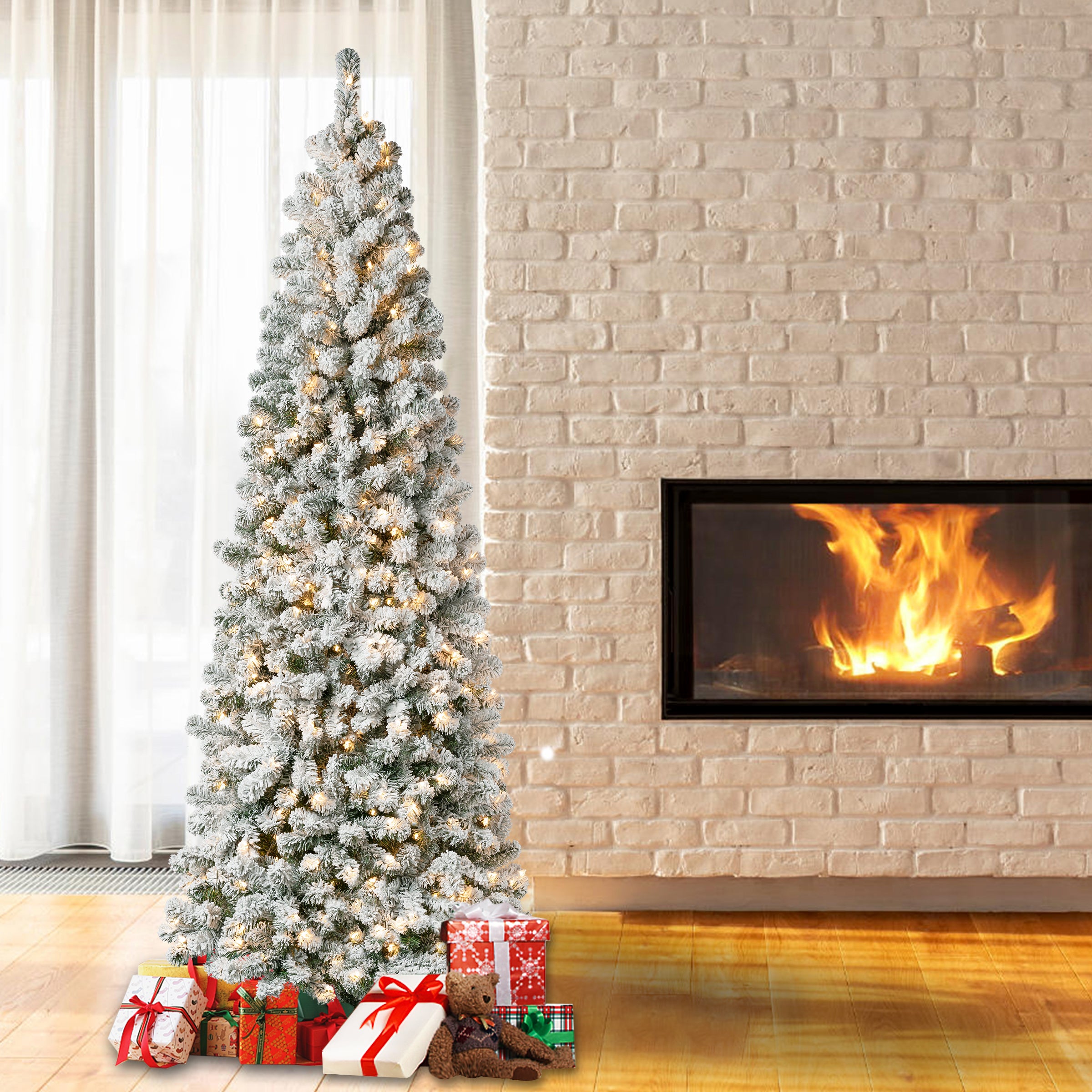 7.5 ft Pre-Lit Acacia Medium Flocked Christmas Tree with Clear Lights - Perfect for Holiday Home Decor & Festive Celebrations