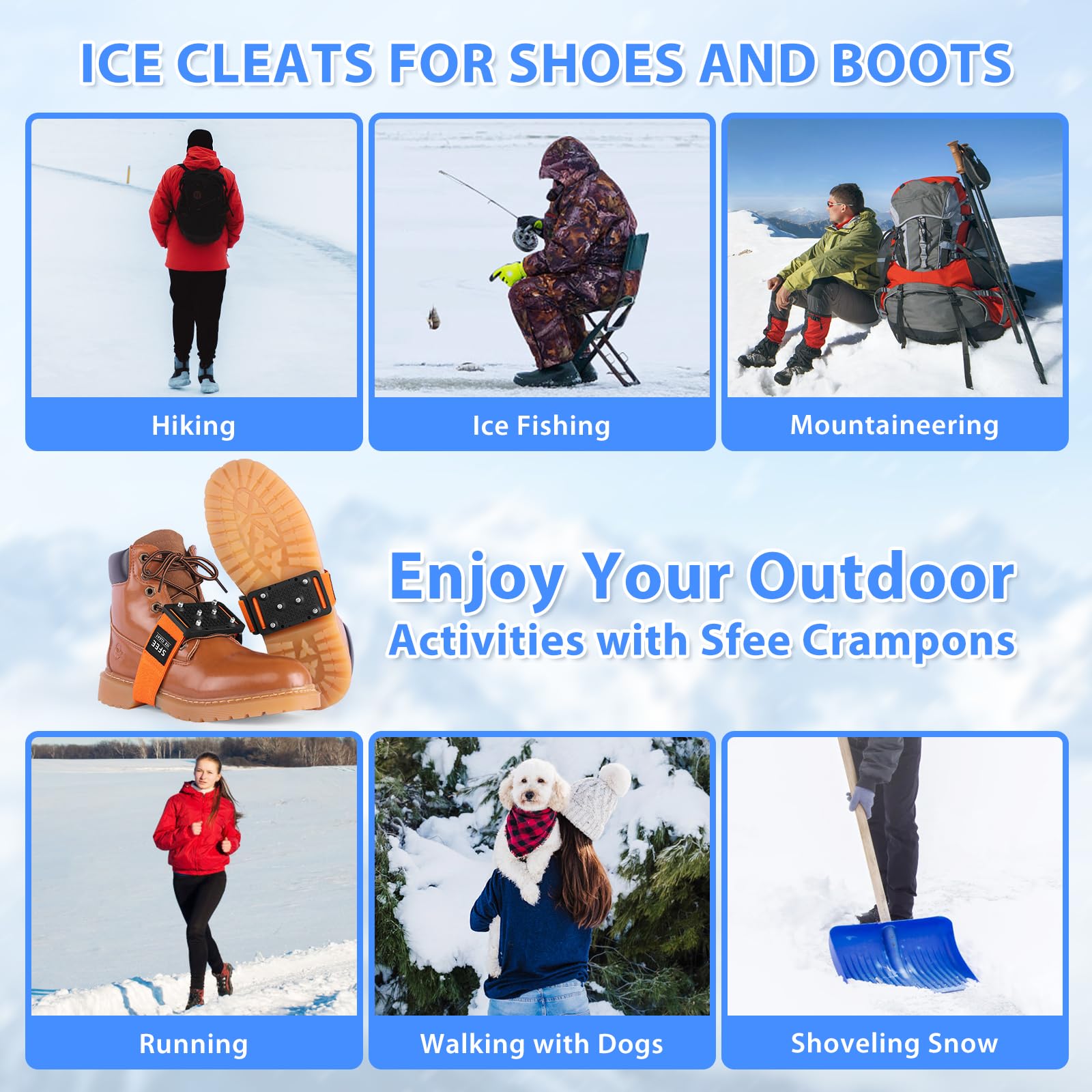 Sfee Ice Cleats Crampons with Tungsten Studs - Non-Slip Shoe Spikes for Boots & Shoes - Winter Traction for Hiking, Running & Snowy Conditions