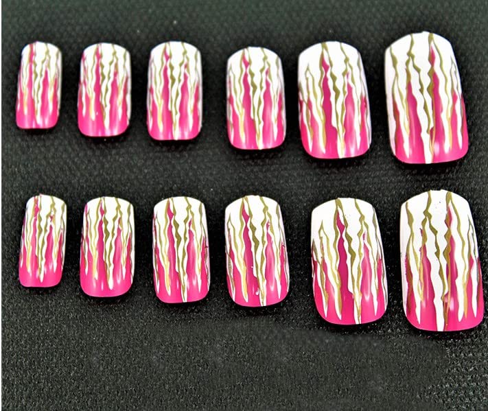 ELA A2(12) Fancy Nails & Accessories Kit - 12pc False Nails, 24pc Nail Glue Tabs, Mini Nail Filer & Cuticle Pusher Stick - Perfect for DIY Manicure, Home Salon & Party Nail Art