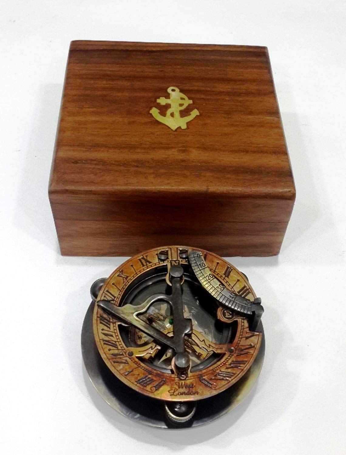 Vintage Nautical Sundial Compass in Rustic Copper & Two-Tone Finish - West London Wooden Box Gift Set for Home Decor, Travel & Adventure Enthusiasts