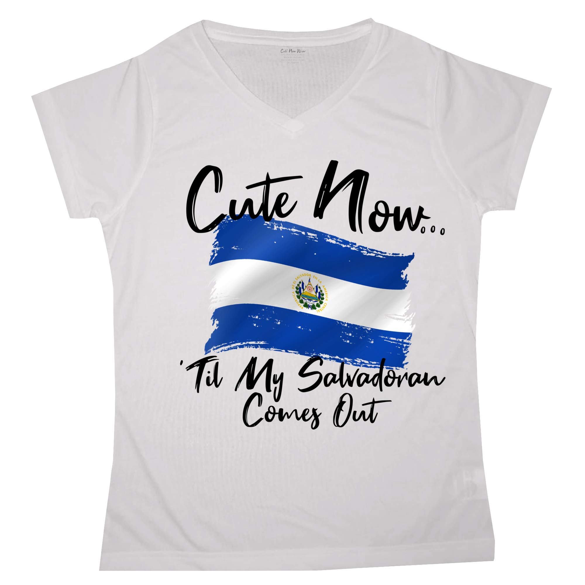 Women's El Salvador Flag V-Neck T-Shirt - Patriotic Salvadoran Pride White Short Sleeve Top (Sizes S-XXL) | Perfect for Independence Day, Cultural Events & Everyday Wear