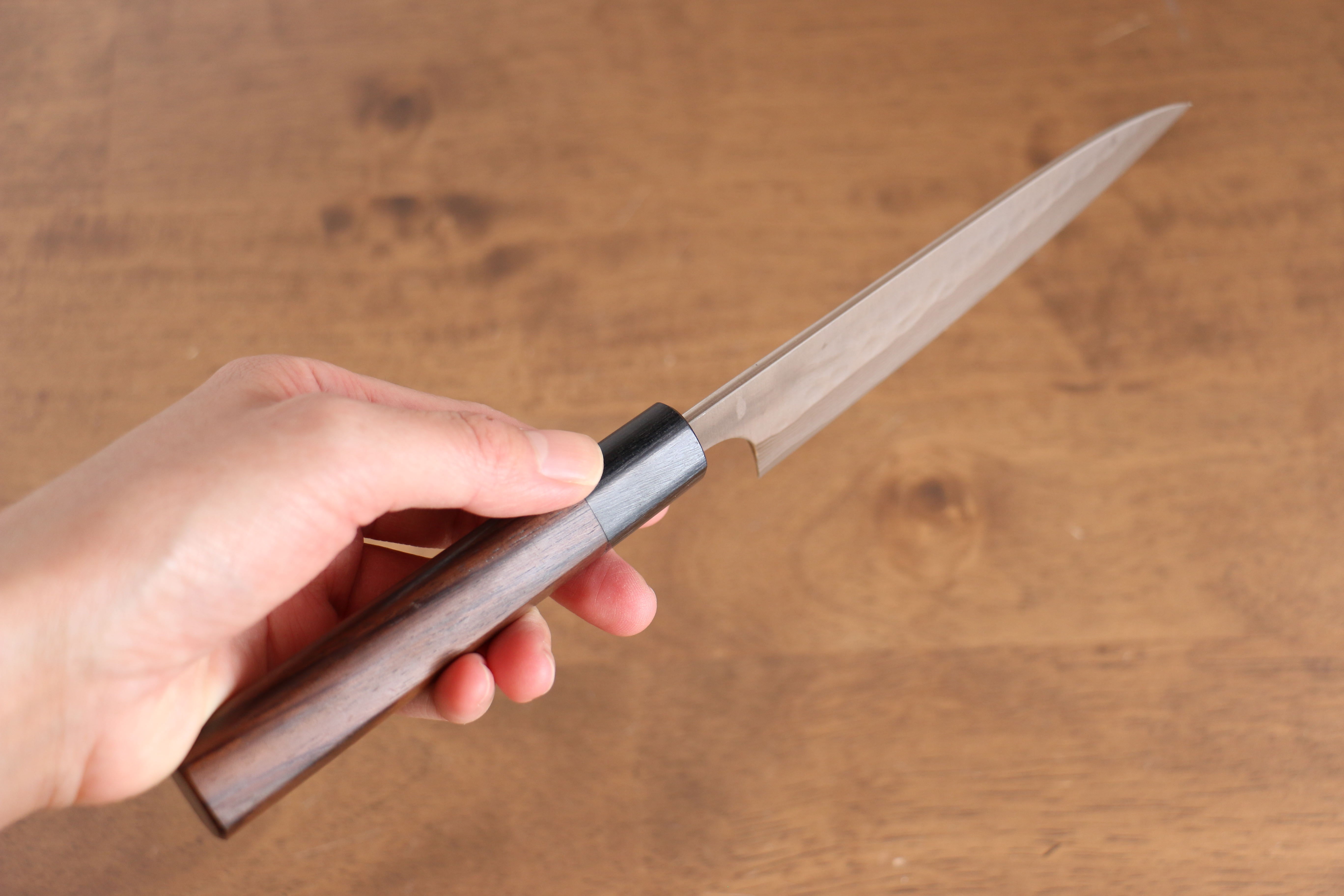 Nao Yamamoto 135mm Damascus Petty Knife - Hand Forged Silver Steel Nashiji Finish with Shitan Wood Handle - Perfect for Slicing, Peeling & Precision Kitchen Tasks
