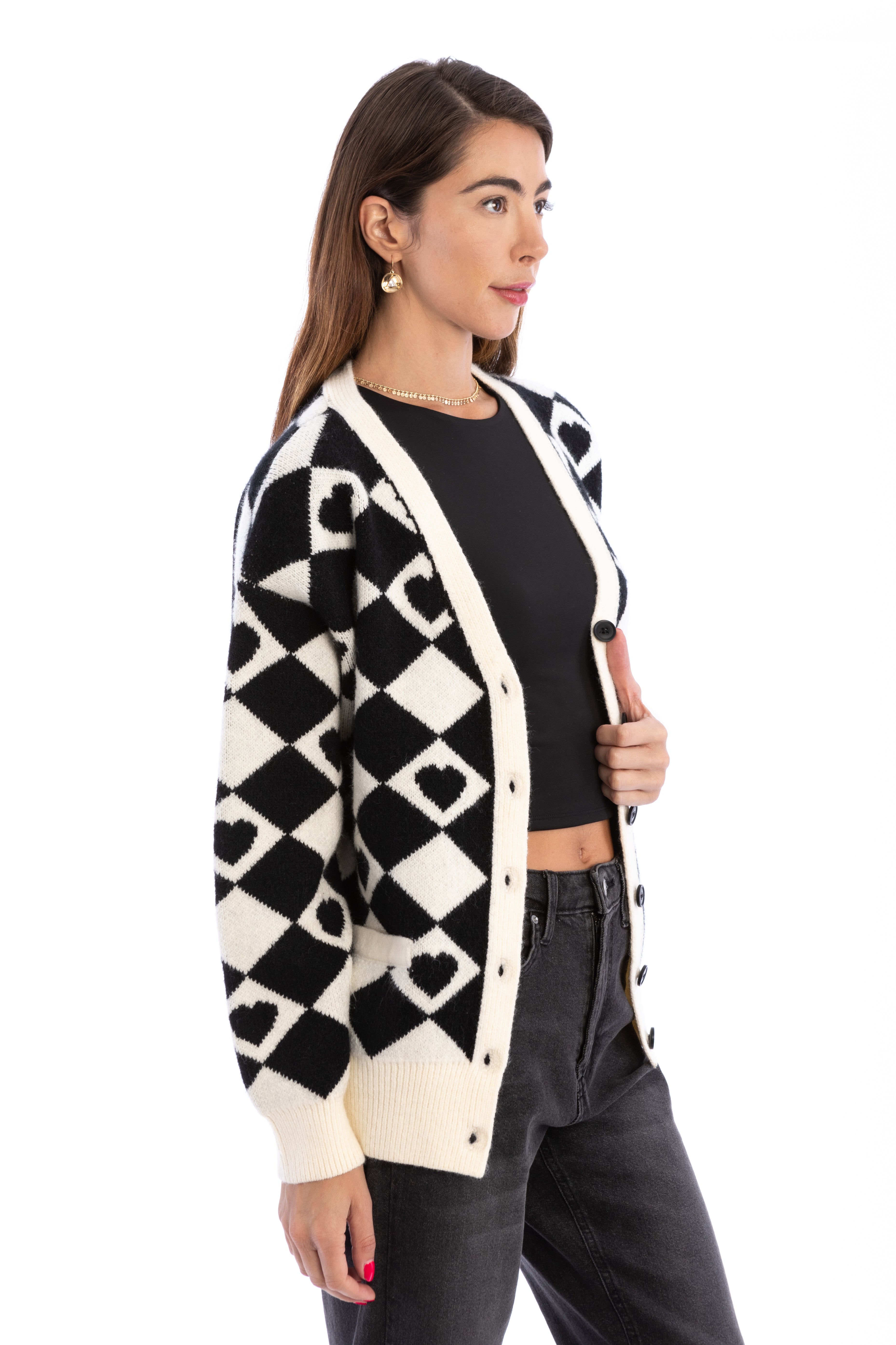 Checkered Hearts Cardigan for Women - Cozy Knit Sweater with Heart Pattern - Perfect for Valentine's Day, Date Night & Casual Outfits