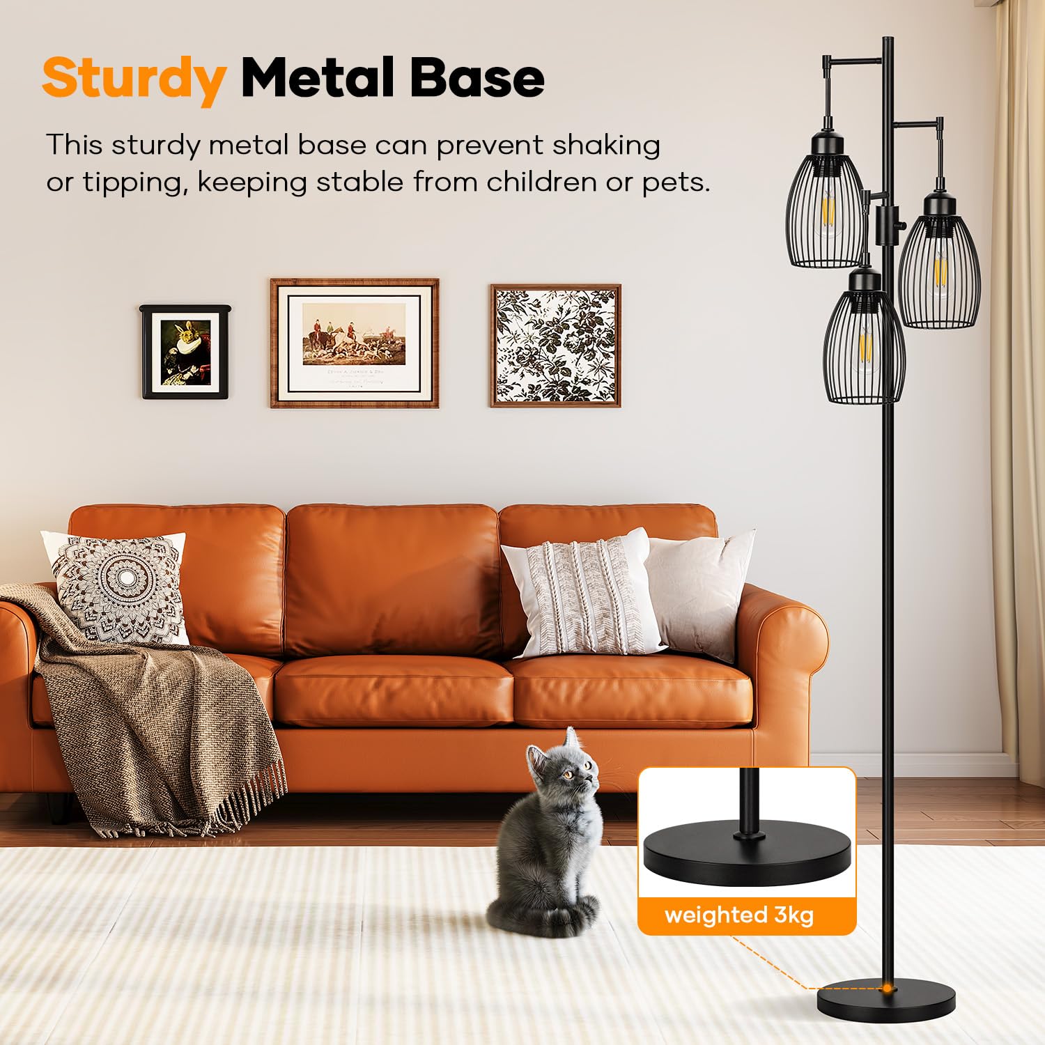 Dimmable Floor Lamp with 3 x 800LM LED Edison Bulbs - Industrial Farmhouse Standing Tree Lamp with Teardrop Cage - Tall Lighting for Living Room, Bedroom, Office & Dining Room - Black | Perfect for Reading, Relaxing & Home Decor