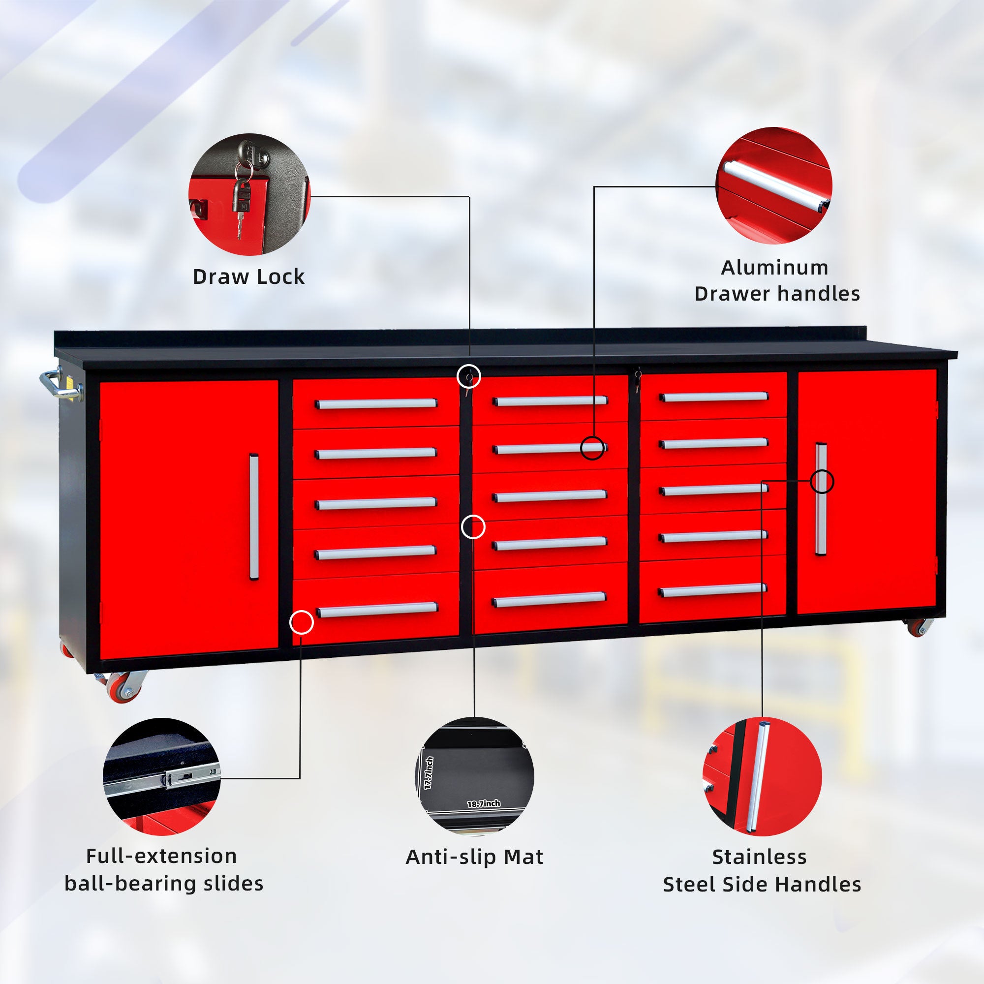 10ft Heavy Duty Storage Cabinet with Work Bench - 15 Drawers & 2 Cabinets, Red - Perfect for Garage Organization, Workshop Storage & Home Office Furniture