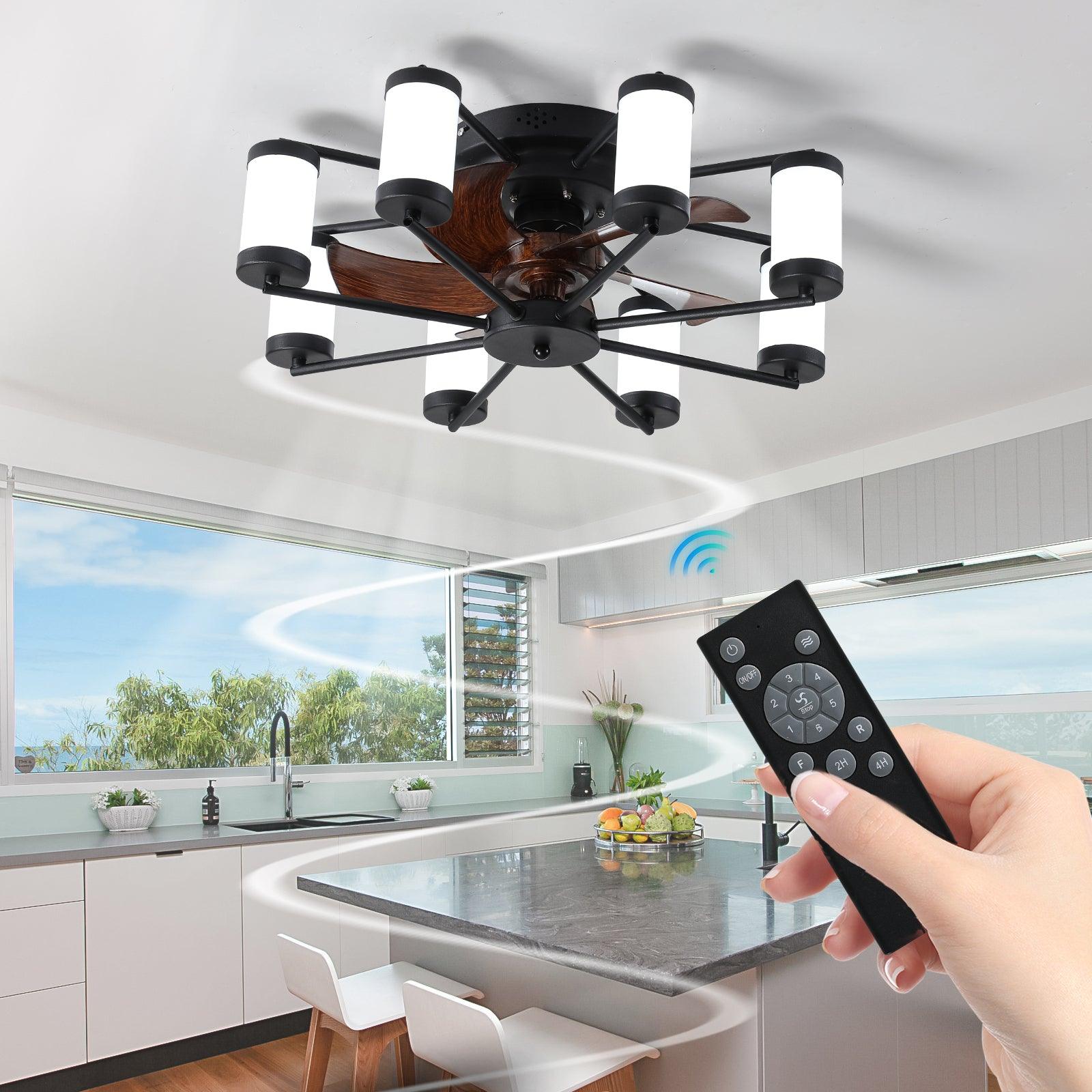 21.7 Inch Windmill Flush Mount Ceiling Fan with Light, Remote Control & Timer - Black - Perfect for Bedroom, Living Room, Kitchen & Office