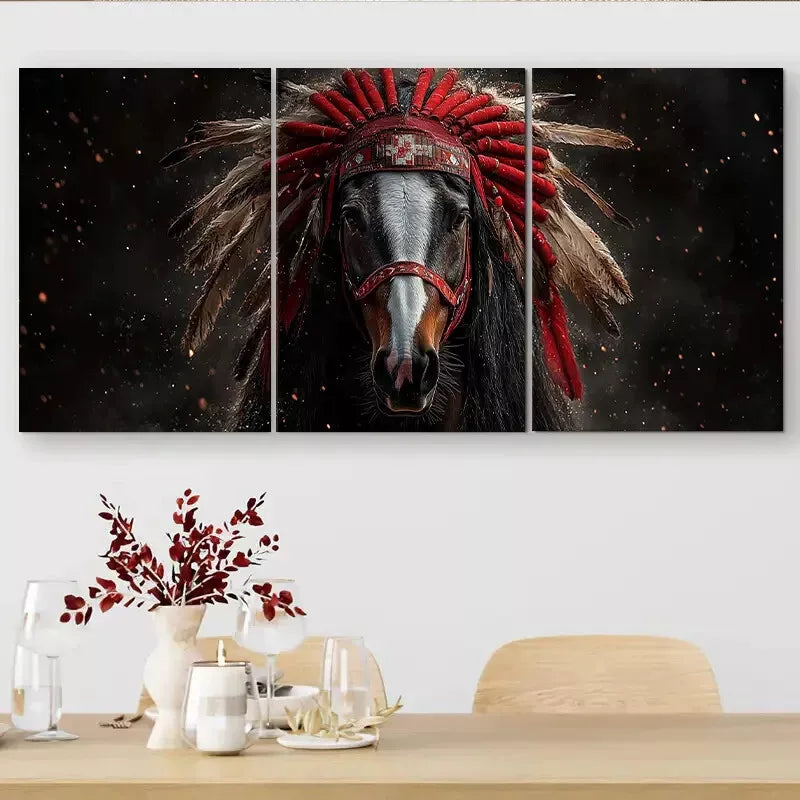 3-Piece Majestic Black Horse & Feather Headdress Wall Art Set - Framed Canvas 50x70cm (20x28in) - High Quality Australian Made Wall Decor - Perfect for Living Room, Bedroom or Office Decoration