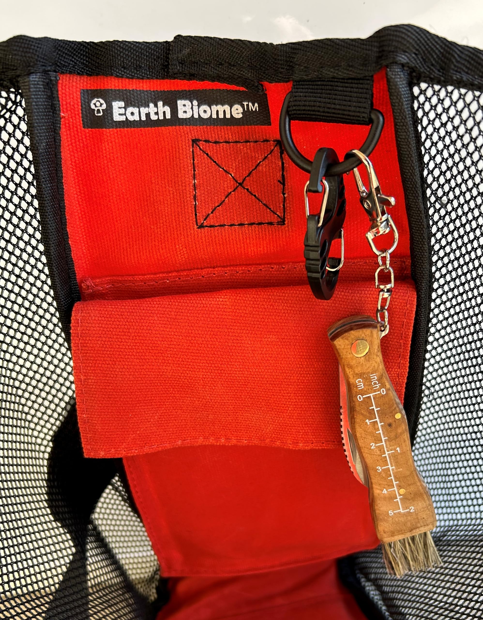 Premium Waxed Canvas & Mesh Mushroom Foraging Bag with Pockets - Durable Fruit & Vegetable Harvesting Kit - Farmers Market Tote with Wooden Knife (Red Orange) - Ideal for Wild Mushroom Hunting, Berry Picking & Organic Farm Visits