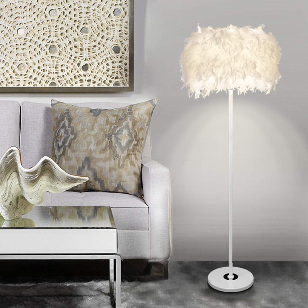LAKIQ Modern Standing Floor Lamp with Feather Drum Shade - Plug-in Adjustable Floor Lighting for Living Room, Bedroom & Reading - Elegant White Home Decor (Perfect for Cozy Nights, Study Sessions & Interior Design)