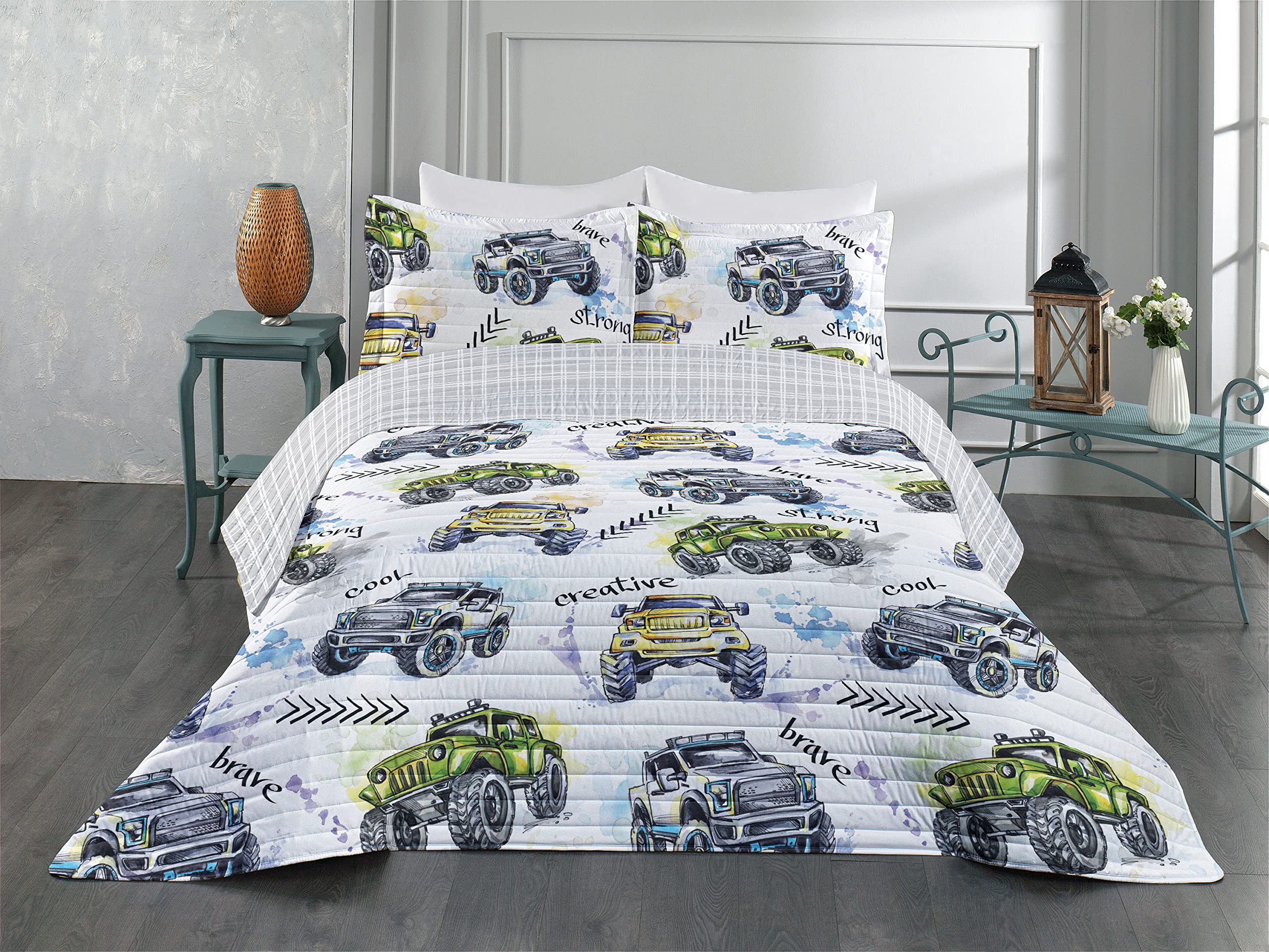 Ambesonne Reversible Queen Size Bedspread Set - Hand Drawn Watercolor Monster Trucks Design with Enormous Wheels, Microfiber Comforter & Pillow Shams in Yellow Lavender Blue - Perfect for Kids' Room, Teen Bedroom or Off-Road Themed Decor