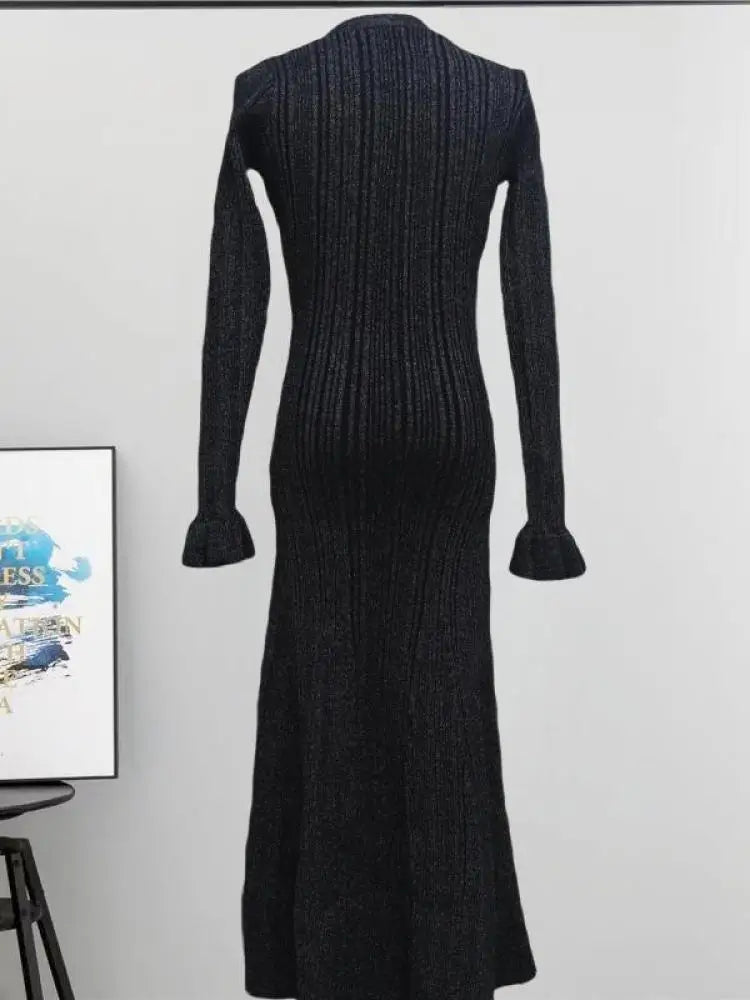 2024 French Elegant Black V-Neck Single Breasted Knitted Dress for Women - Long Sleeve Fishtail Beige Winter Dress | Perfect for Office, Party & Holiday Events