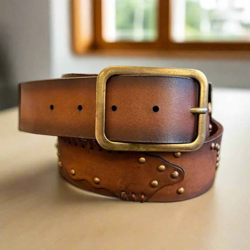 Premium Women's Full Grain Leather Belt with Studs - Stylish & Durable Fashion Accessory for Jeans, Dresses & Casual Outfits